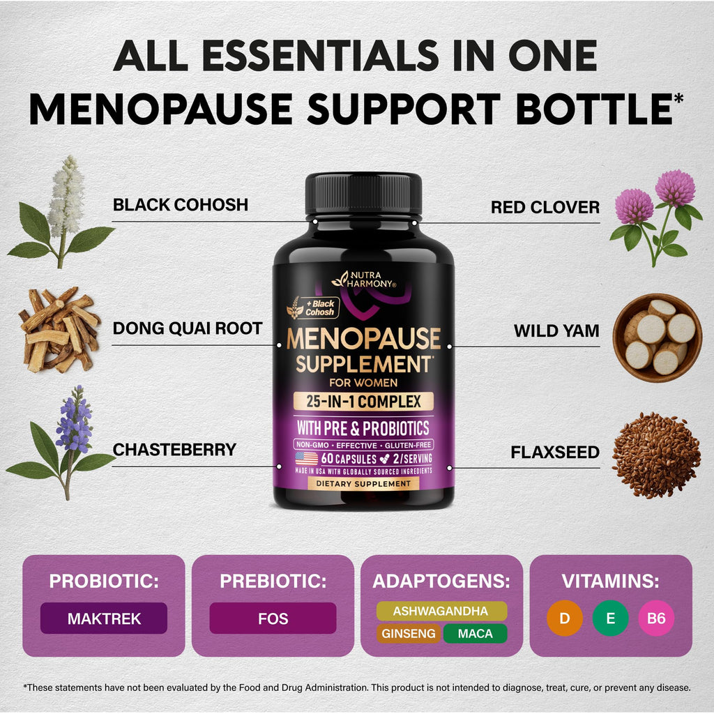 Menopause Supplements for Women - Dong Quai, Black Cohosh, Pre & Probiotics - Sweats & Hot Flashes Relief - Digestion, Sleep & Mood Support - 25-in-1 Perimenopause Complex