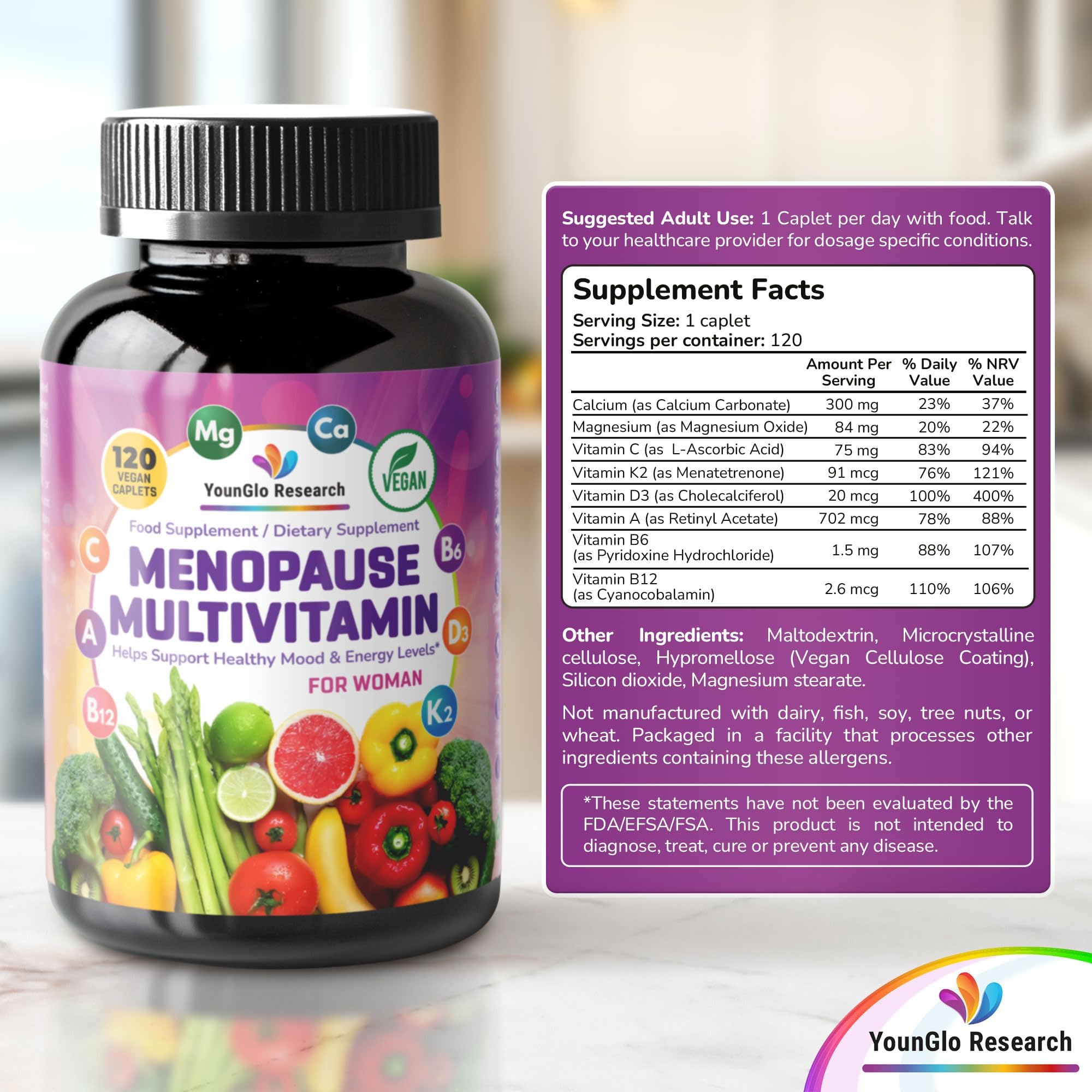 YounGlo Research Menopause Supplement - 120 Vegan Caplets - Menopause & Perimenopause Relief Support - Food and Dietary Vitamins - Multivitamin for Women YounGlo Research Au supplements