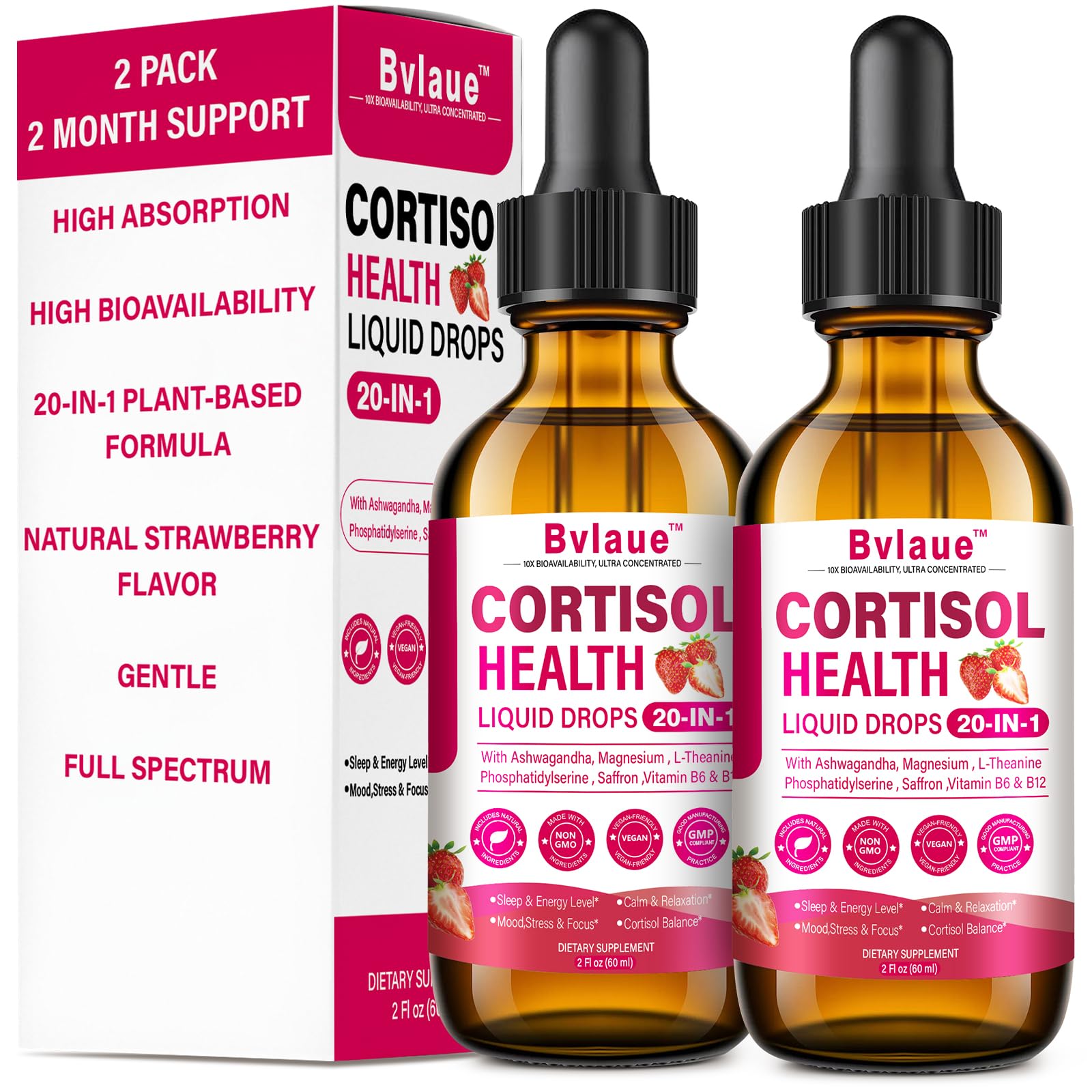 Bvlaue Cortisol Supplements Detox for Women - 20-in-1 Cortisol Reducer,Manager,Lower w/Ashwagandha,Magnesium,L-Theanine,Saffron,Rhodiola for Hormone Balance/Sleep/Stress Relief,Strawberry Flavor Bvlaue Au supplements