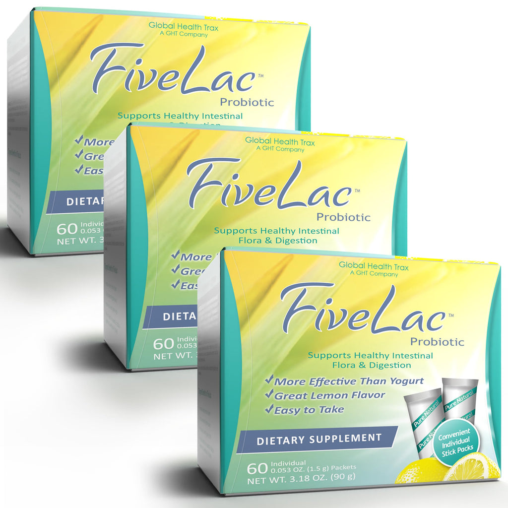 GHT - FiveLac Lemon Probiotic Powder Drink Mix, Probiotics for Women, Men, and Kids - Smooth Digestive Support and Elimination - Relieves Occasional Constipation and Gas - 60 Packets (3 Pack) Non-GMO ght Global Health Trax Au supplements