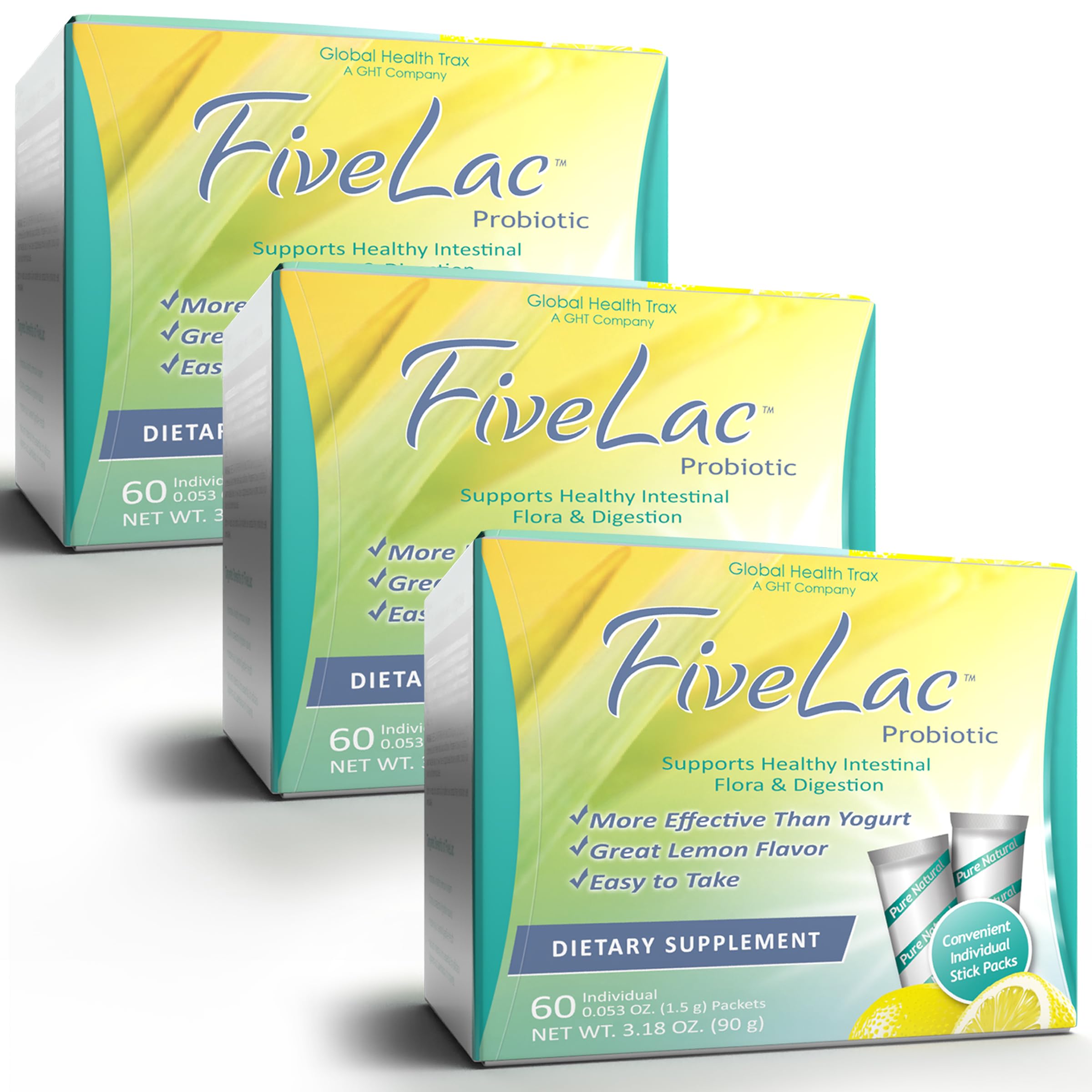 GHT - FiveLac Lemon Probiotic Powder Drink Mix, Probiotics for Women, Men, and Kids - Smooth Digestive Support and Elimination - Relieves Occasional Constipation and Gas - 60 Packets (3 Pack) Non-GMO ght Global Health Trax Au supplements