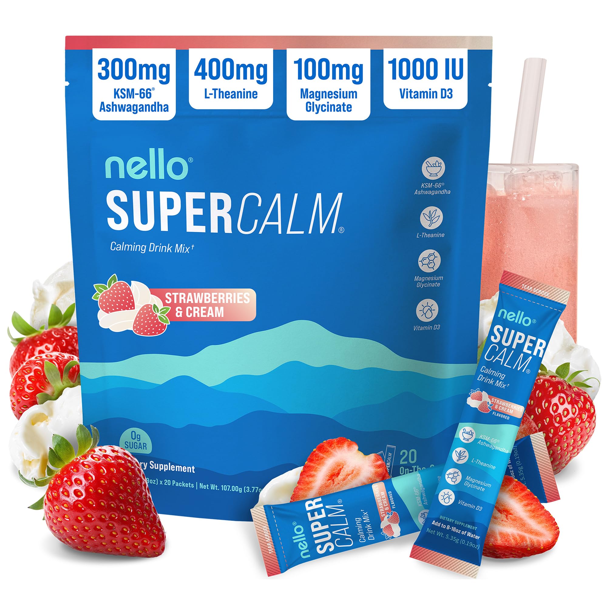 Nello Supercalm Powdered Drink Mix, Cortisol Reducer*, Sleep Aid Supplement, L Theanine, Ksm-66 Ashwagandha, Magnesium Glycinate, Vitamin D 3, No Sugar