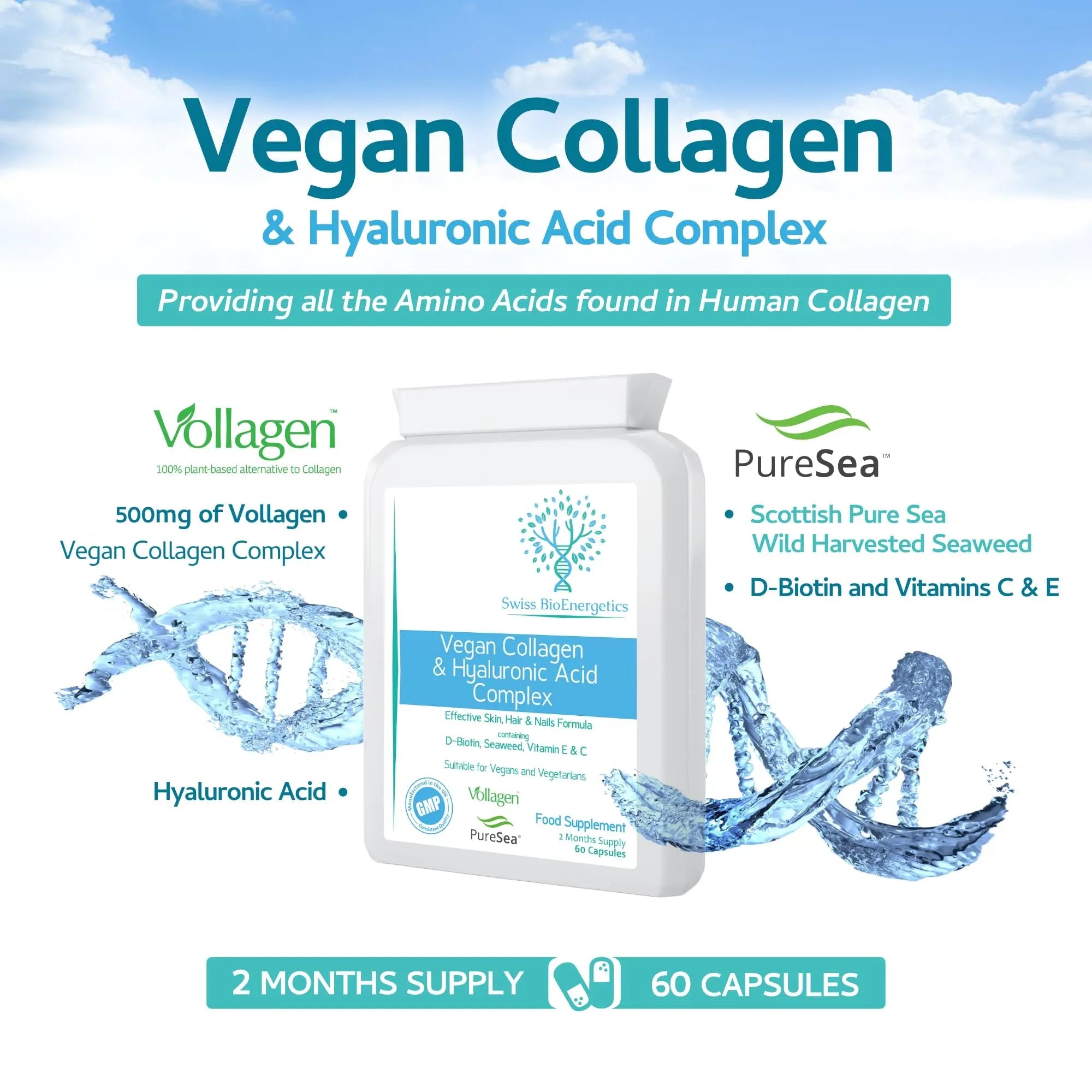 Vegan Collagen & Hyaluronic Acid Complex - 60 Capsules - Effective Skin, Hair & Nails Formula with 500mg swiss bioenergetics Au supplements