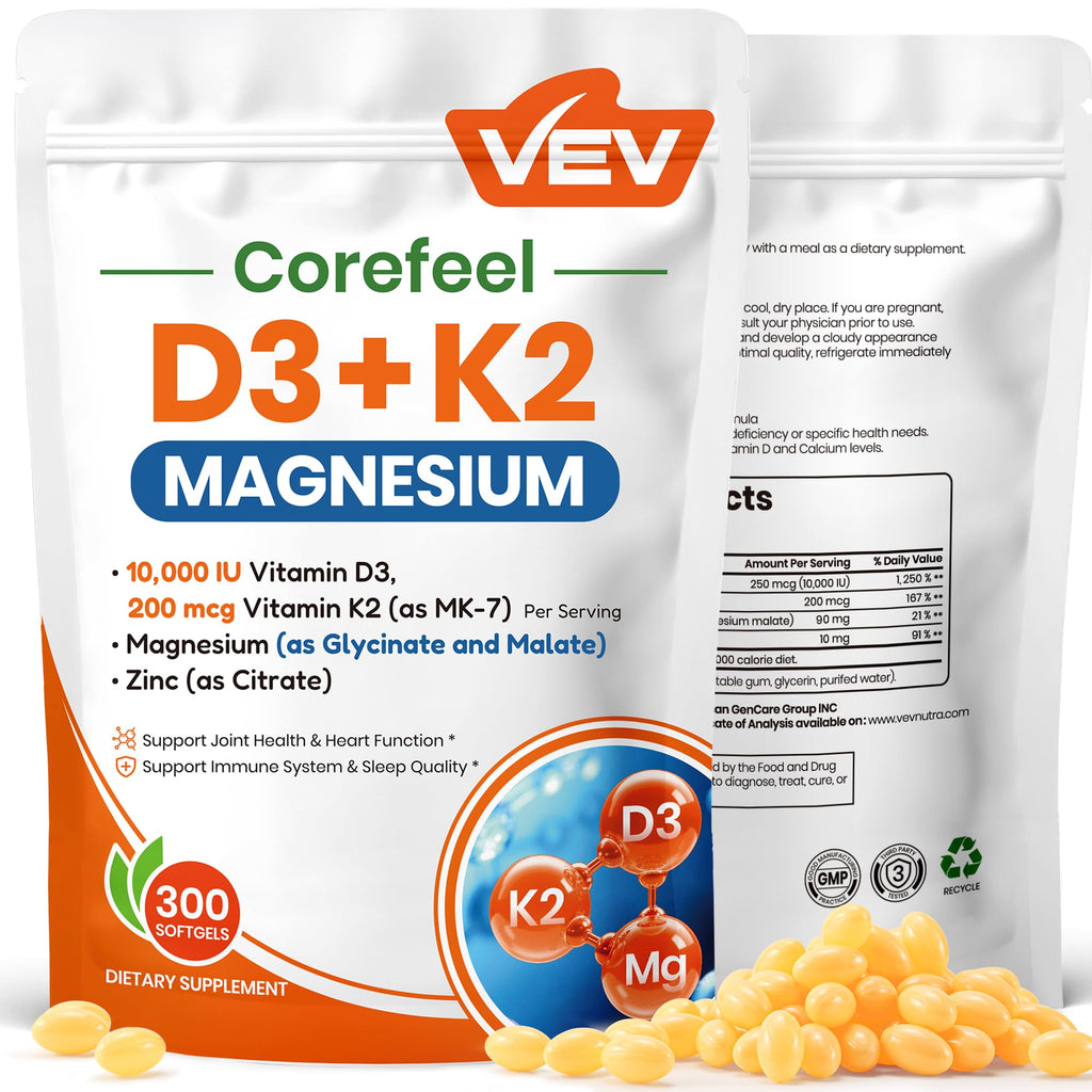 VEV Vitamin D3 K2 10,000 IU Magnesium Supplement – with Vitamin D and K (MK-7), Magnesium Glycinate & Malate, Zinc Citrate