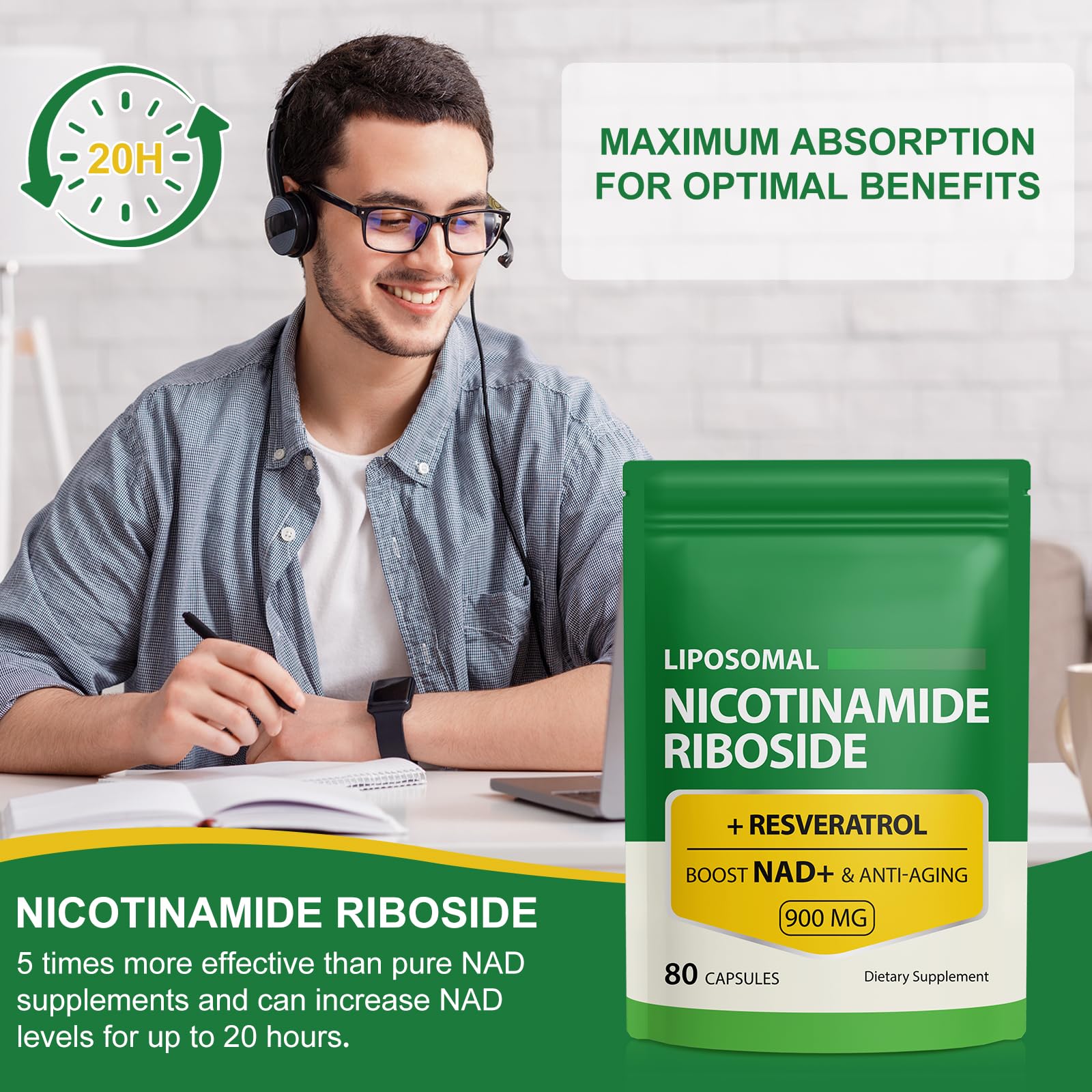NAD Supplement with Nicotinamide Riboside - Resveratrol,Liposomal Nicotinamide Riboside,Quercetin - High Purity NAD Supplement for Anti-Aging, Focus, Energy 160 Capsules (2 Bag) Ruduwu Au supplements