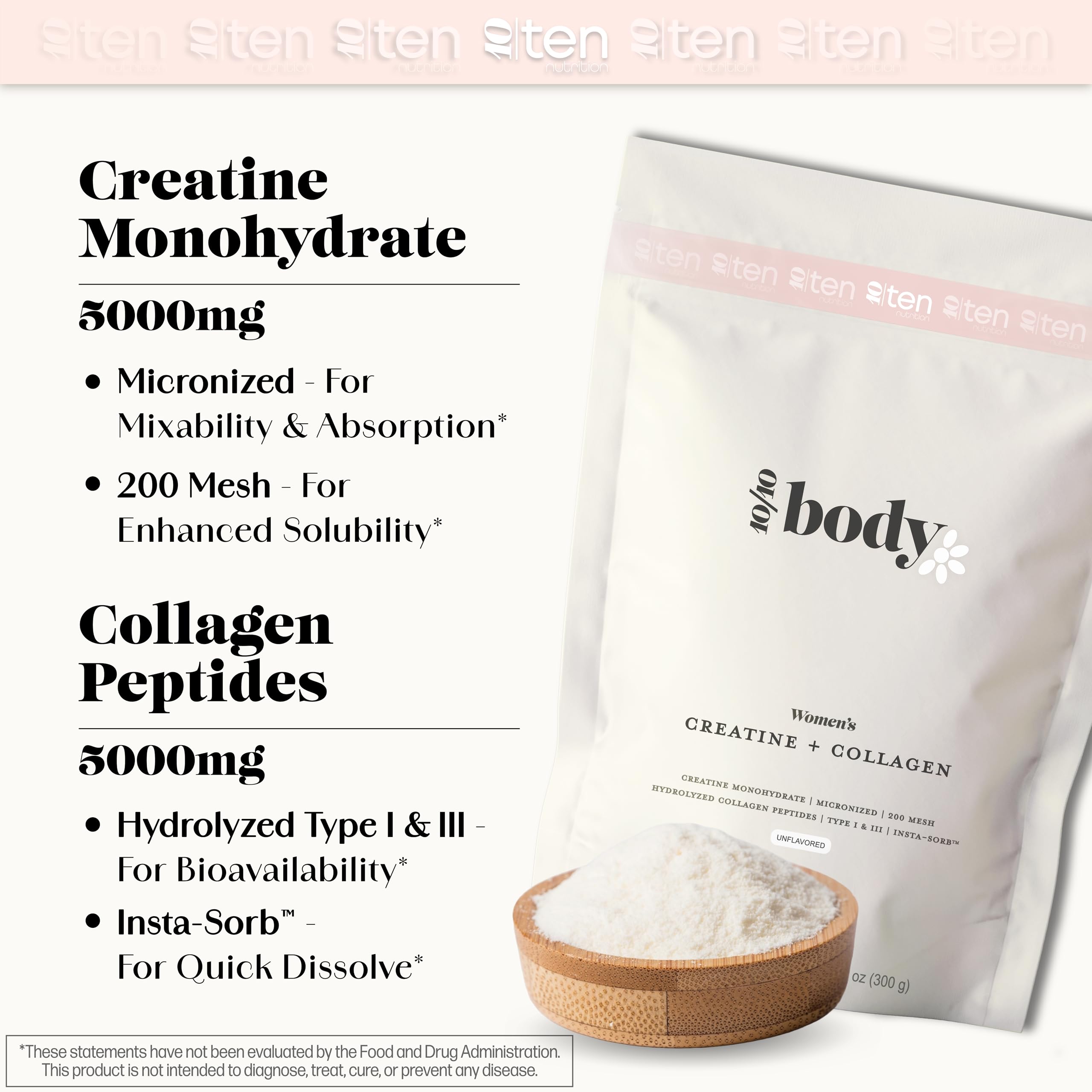 New - Creatine + Collagen for Women – Supports Lean Muscle Growth & Development, Booty Gain, Energy & Recovery – 5g Creatine Monohydrate Plus 5000mg Collagen Peptides Combo – Unflavored, 30 Servings 10Ten Nutrition Au supplements