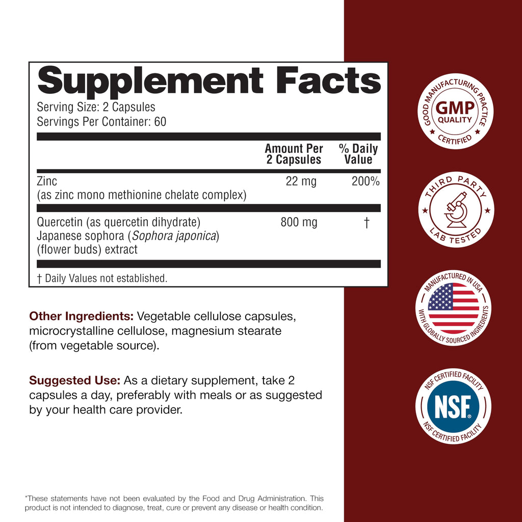 Sandhu's Zinc Quercetin 120 Vegetarian Capsules (Pack of 1) | High Absorption Zink Supplements for Immunity and Seasonal Allergy | Antioxidant Immune Support