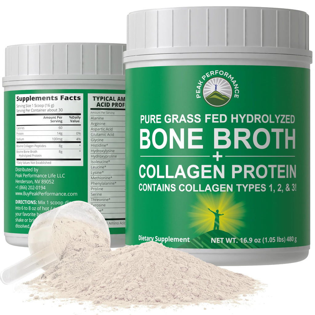 Peak Performance Hydrolyzed Bone Broth and Collagen Unflavored Protein Peptides Powder Contains All Collagen Types: 1, 2, and 3. Pure Pasture, Raised Grass Fed, Paleo Friendly, Gluten + Dairy Free Peak Performance Au supplements