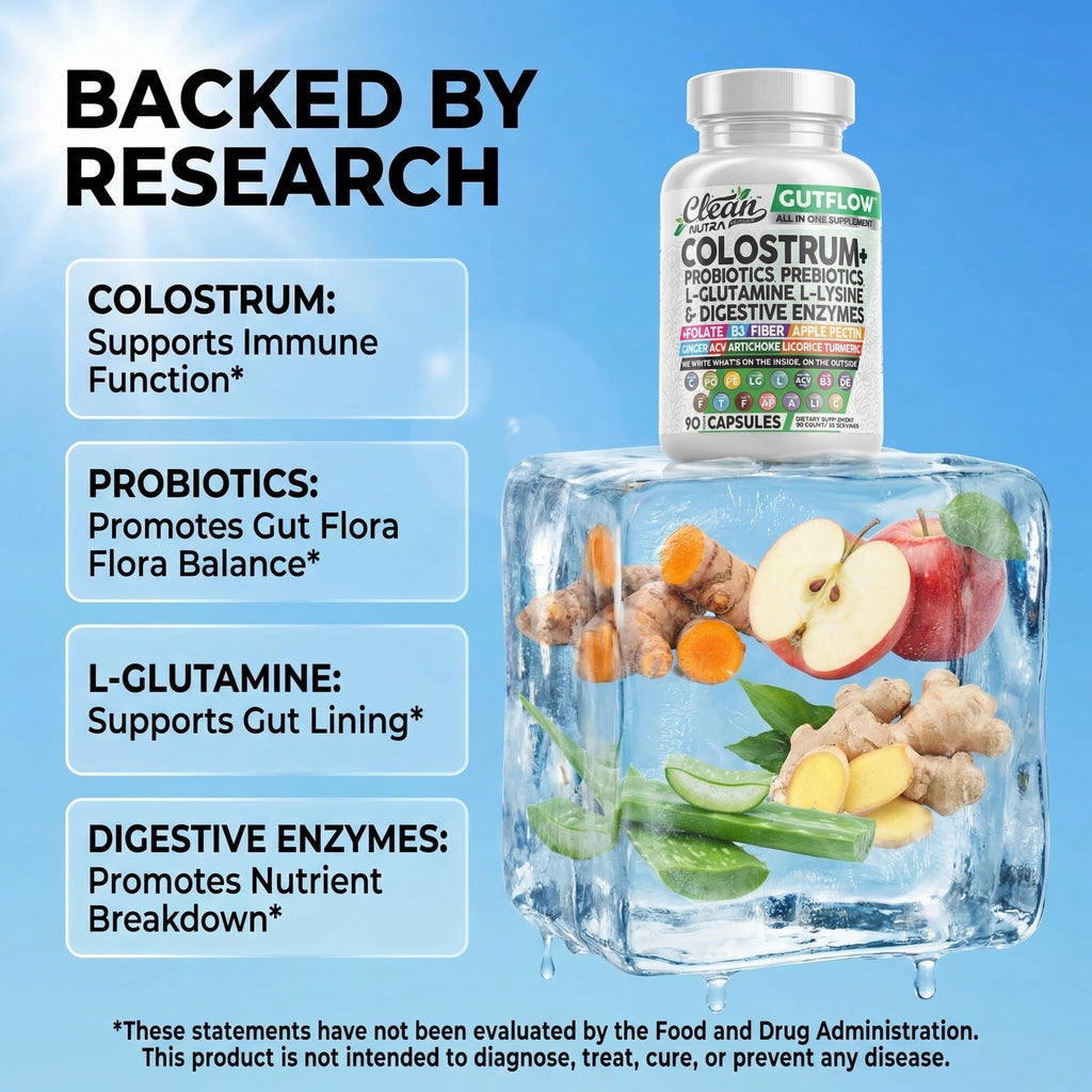Clean Nutraceuticals Colostrum Supplement Capsules Probiotics Pills Prebiotics, L-Glutamine, Digestive Enzymes, Folate, Fiber, ACV, Turmeric, Apple Pectin and Turmeric Pills