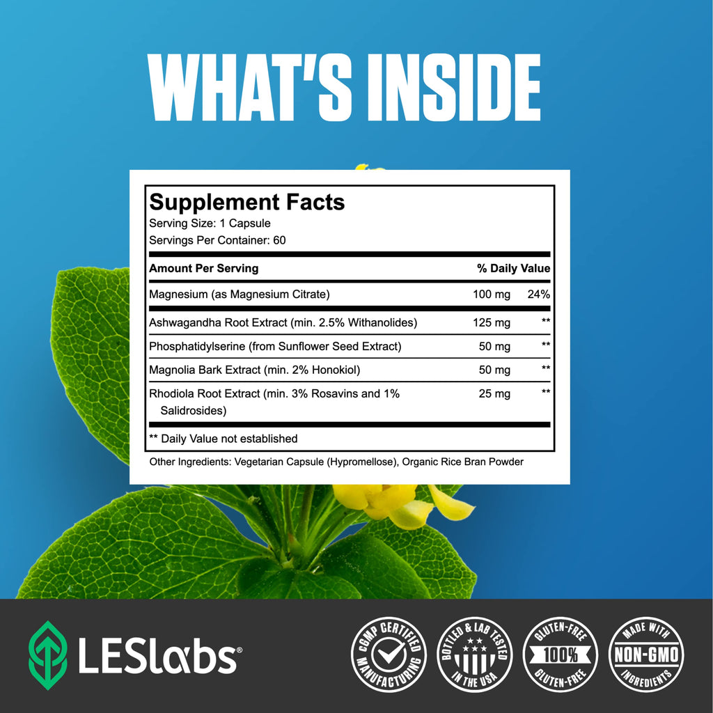 LES Labs Cortisol Health – Stress Relief, Balanced Cortisol Response, Relaxation & Deep Sleep – Phosphatidylserine, Magnesium, Magnolia Bark, Rhodiola Rosea & Ashwagandha – Non-GMO – 60 Capsules LES Labs Au supplements