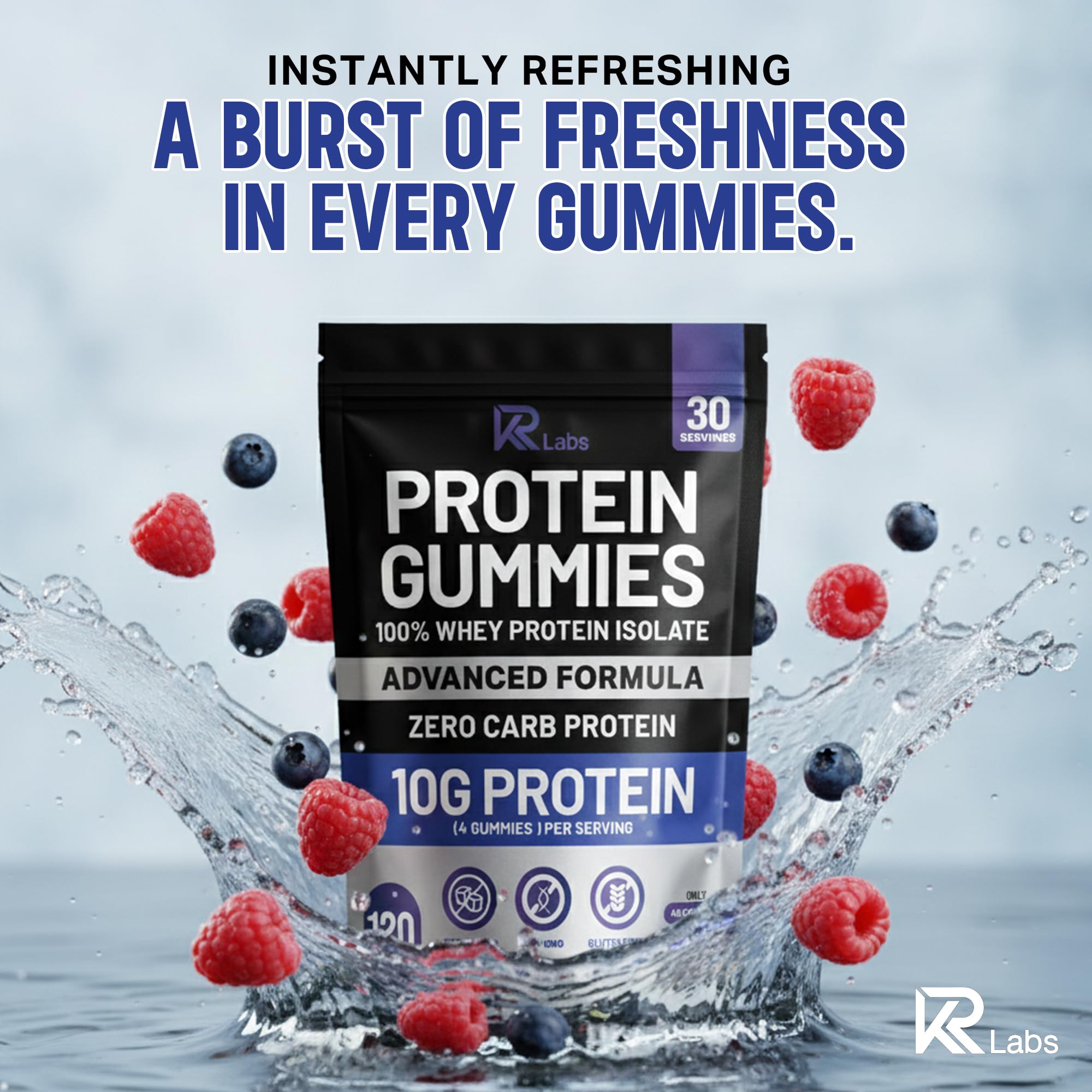 KR Labs Zero Carb 100% Pure Whey Isolate Protein Gummies | 300g Total Protein per Bag | 10g per Serving Plant Based with Vitamins for Men & Women