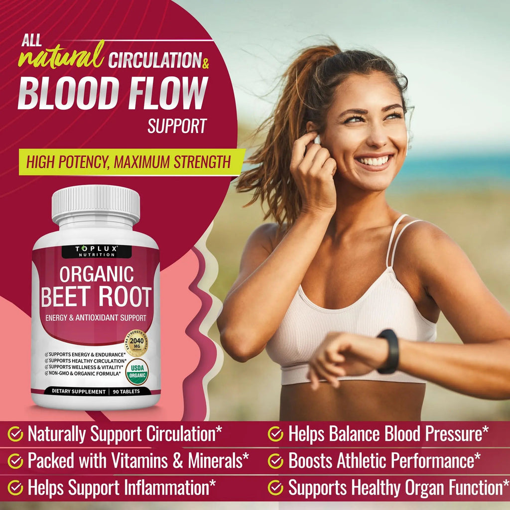 Organic Beet Root Powder Tablets - 2040mg Natural Nitric Oxide Beets to Support, Energy Toplux Au supplements