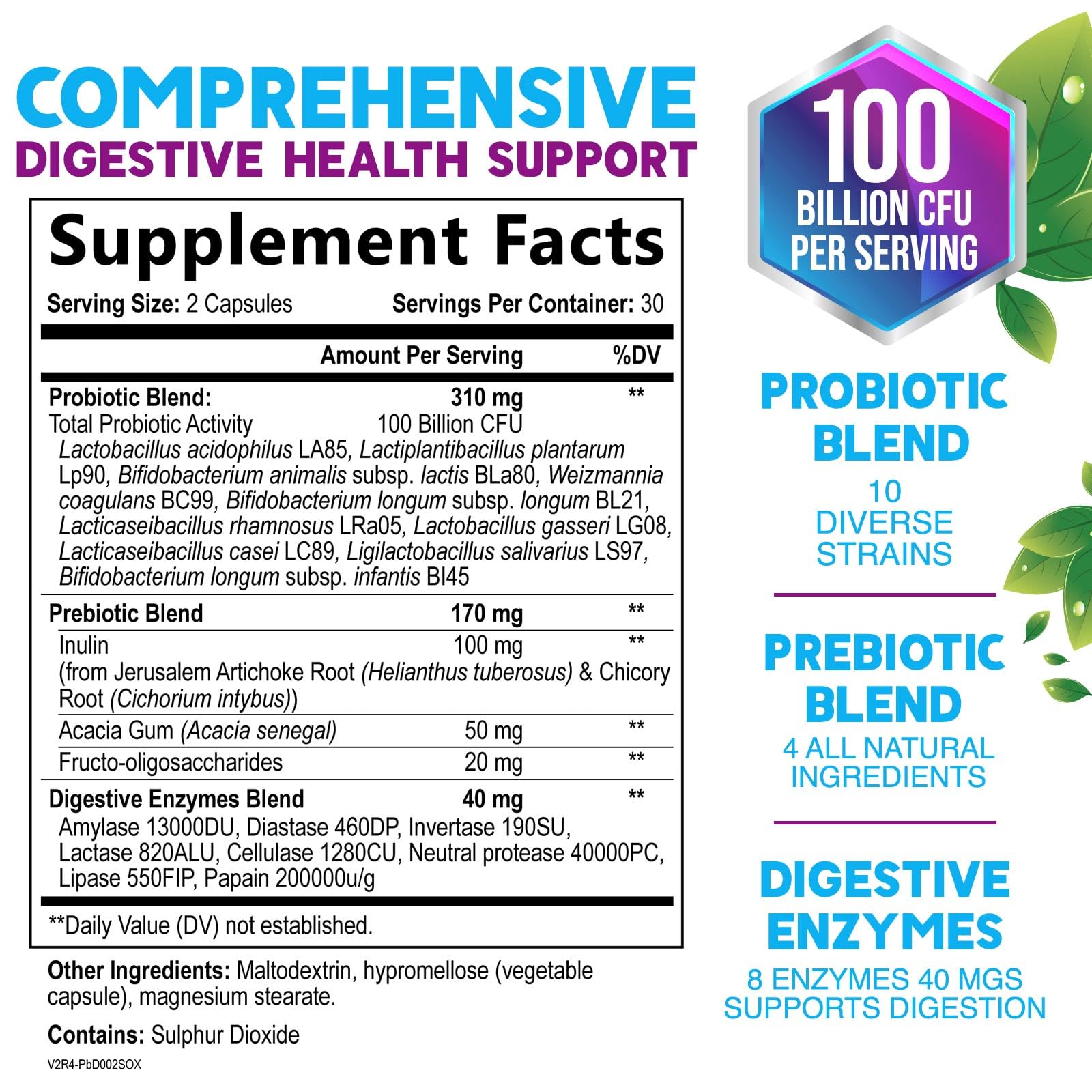 Probiotics 100 Billion CFU Per Serving - 10 Probiotic Strains & Prebiotics - Digestive Gut Health, Immune Support & Occasional Constipation, Gas & Bloating - Daily Supplement For Adults - 60 Capsules Nature's Nutrition Au supplements