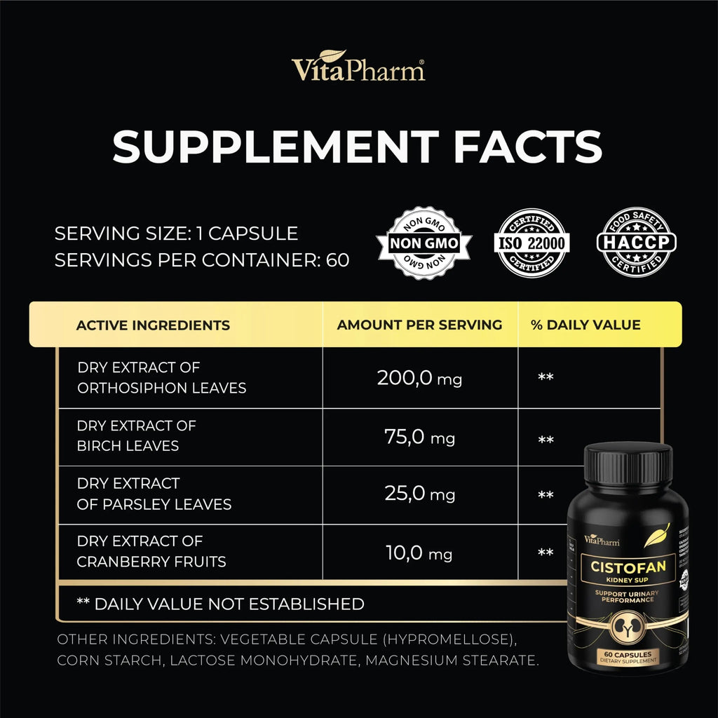CISTOFAN Kidney Support Supplement – Herbal Formula with Java Tea, Birch Leaf, Parsley & Cranberry – Supports Urinary Tract & Kidney Function – Natural Diuresis – 60 Capsules – Non-GMO – Made in EU VitaPharm Au supplements
