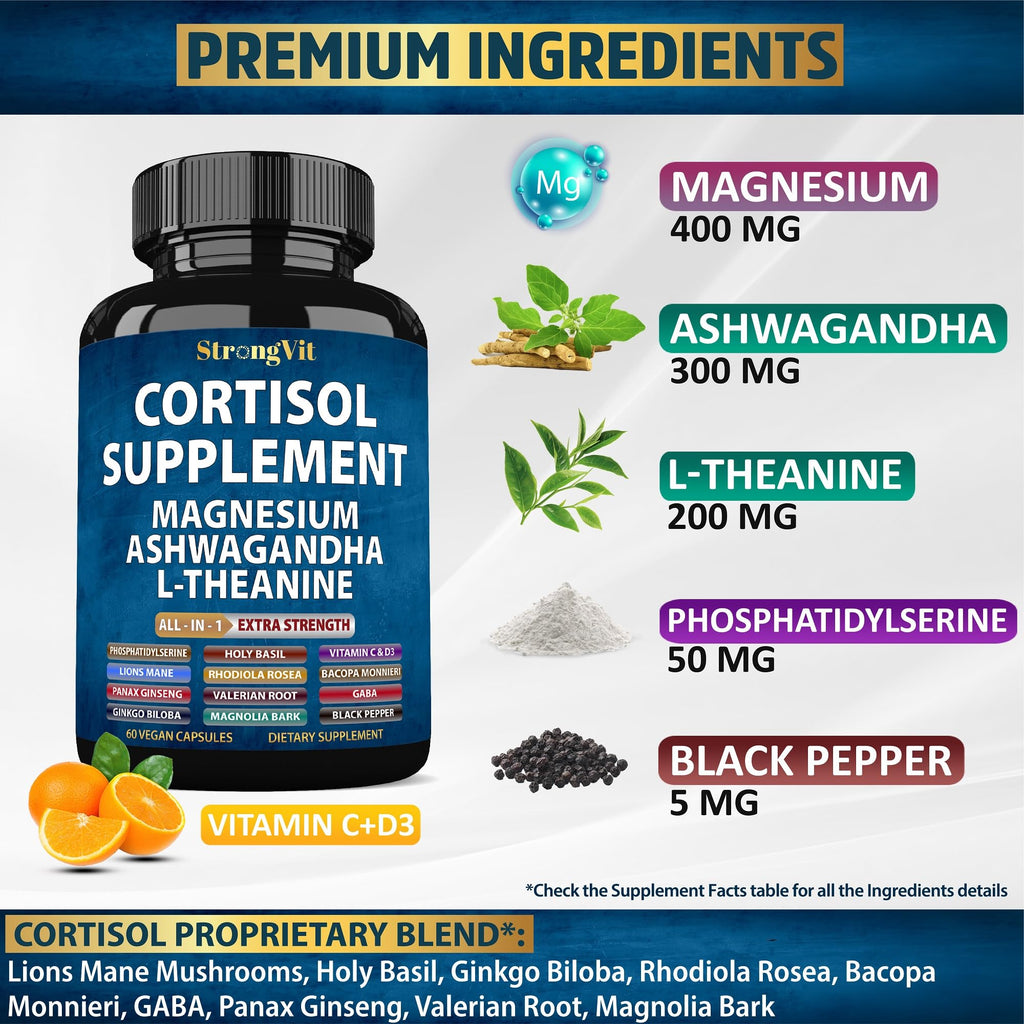StrongVit Cortisol Supplements for Women and Men with Magnesium, Ashwagandha & L-Theanine. High Cortisol Reducer, Manager, Detox,