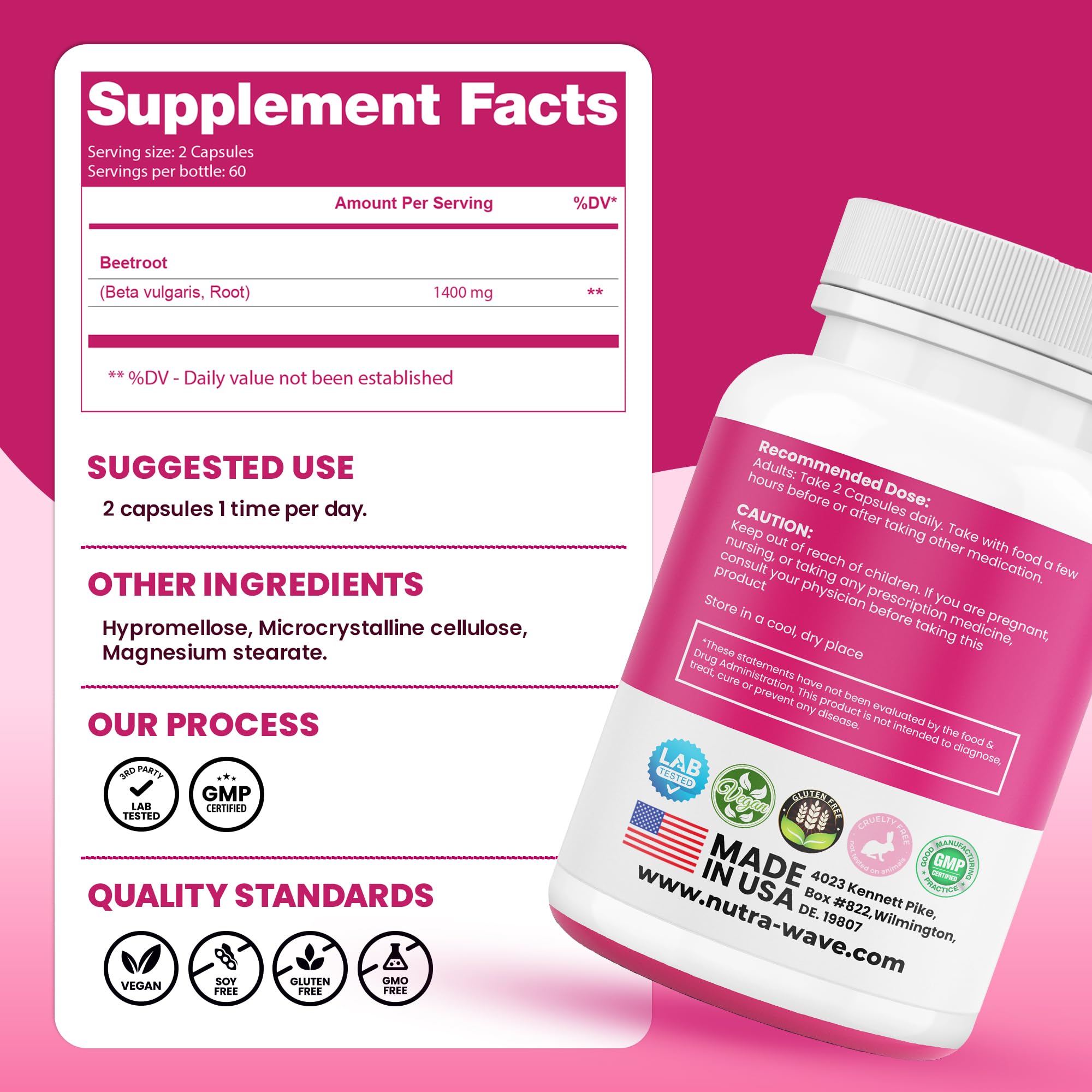 Nutra Wave 1400mg Organic Beet Root Capsules Per Serving – Nitric Oxide Booster for Men – Supports Blood Pressure, Energy, Circulation & Heart Health – Non-GMO, Vegan – 120 Capsules / 60 Day Supply
