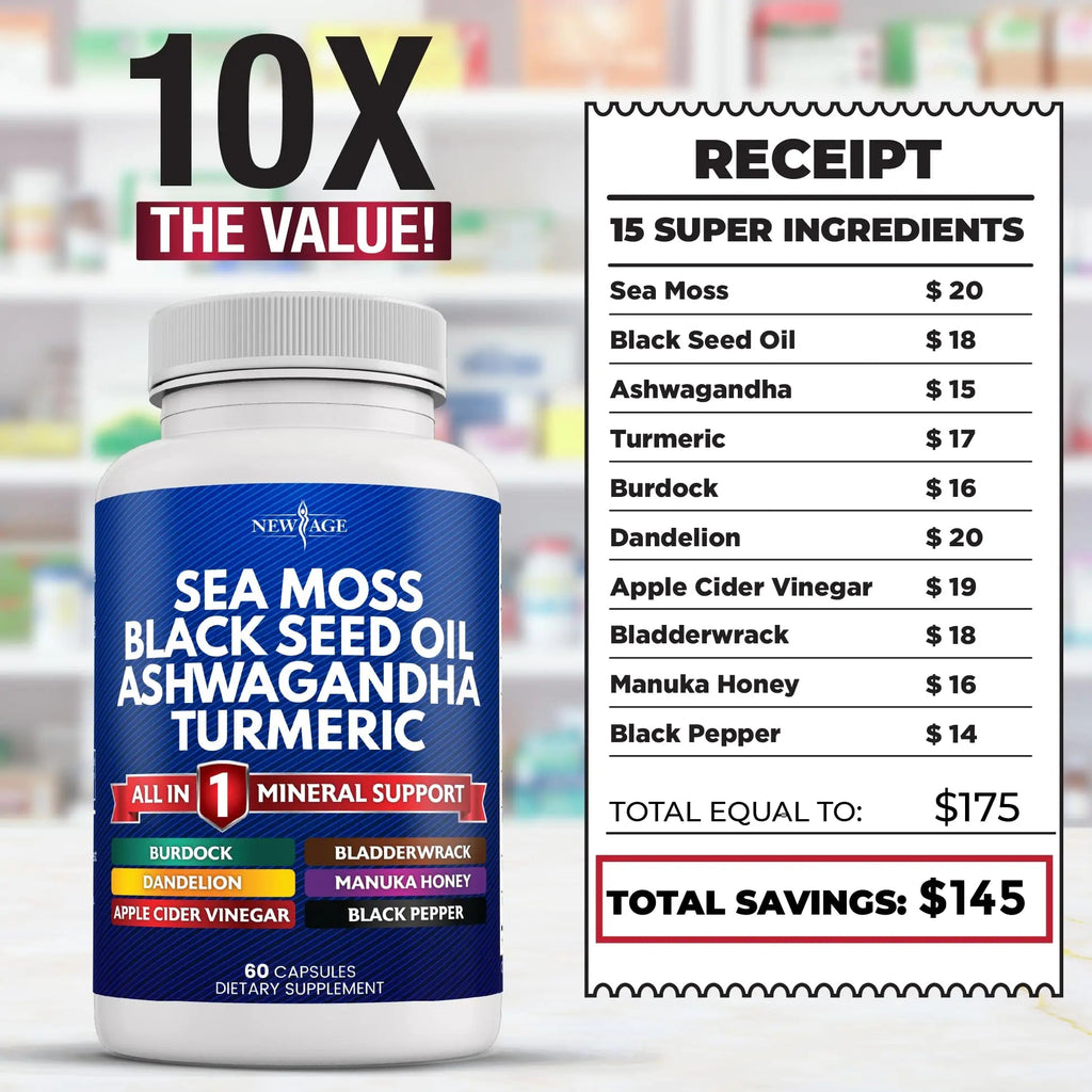 Silica Sea Moss 3000mg Black Seed Oil 2000mg Ashwagandha 1000mg Turmeric 1000mg NEW AGE Au supplements