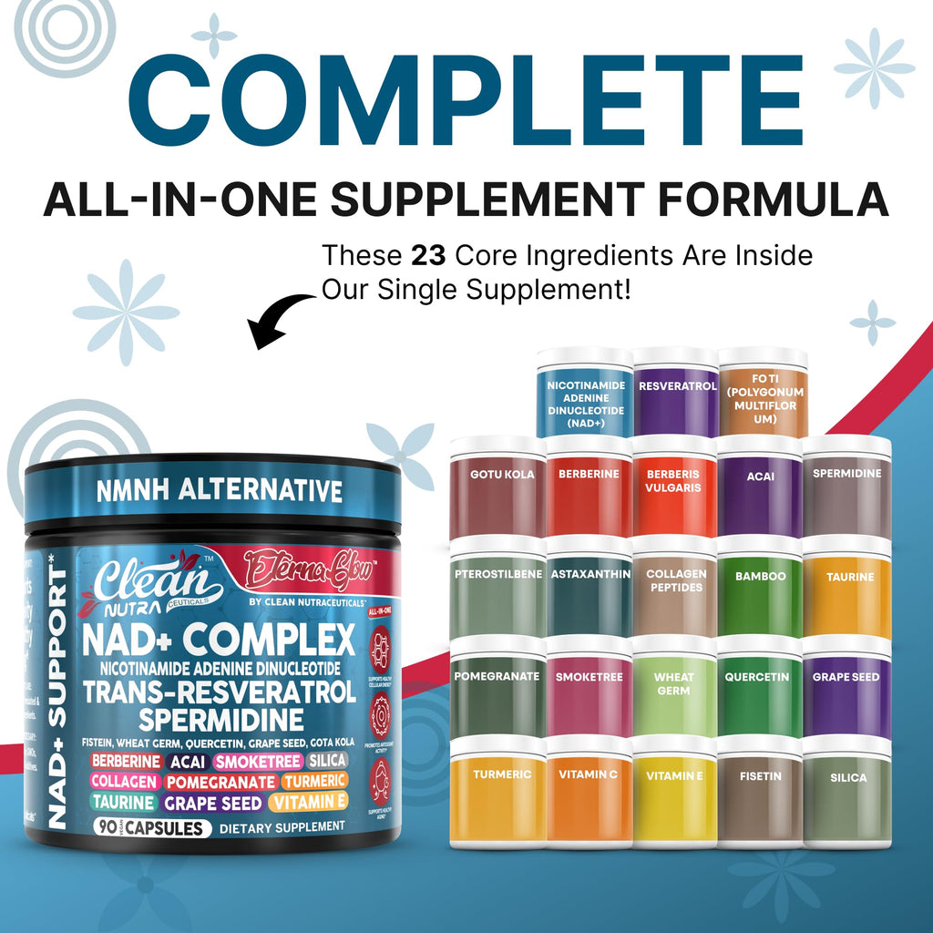 Clean NAD Supplement Resveratrol Liposomal NAD+ Spermidine Fisetin Wheat Germ Quercetin Grape Seed Extract Gotu Kola Berberine Astaxanthin Peptides for Women Energy 90 Capsules Clean Nutraceuticals Au supplements
