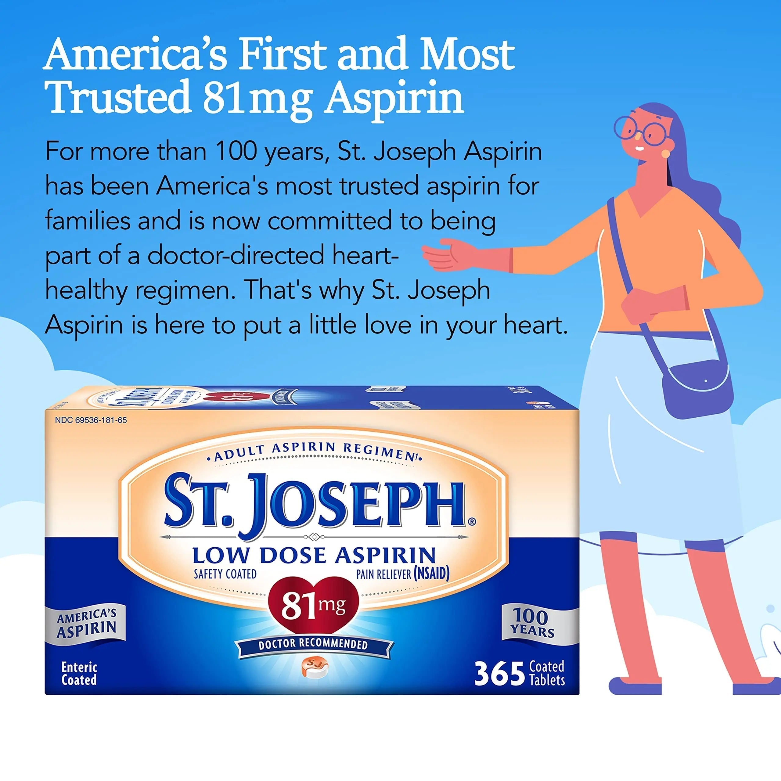 St. Joseph Aspirin Pain Reliever (NSAID) 81mg, Enteric Safety Coated, Adult Low Dose Aspirin, 365 ct St. Joseph Au supplements