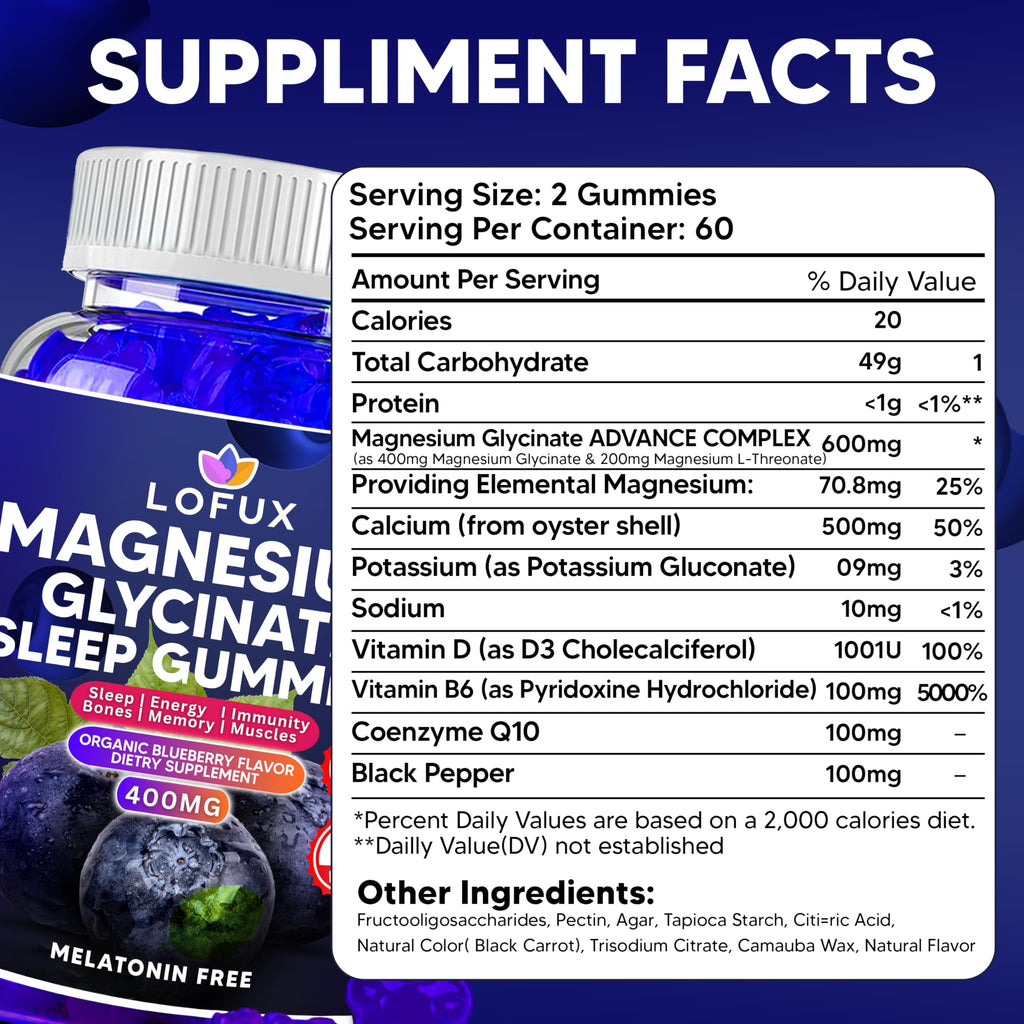 Lofux Magnesium Glycinate Gummies 400mg, Sugar Free Magnesium Gummies for Adults Women, Men, Chewable Supplement Gummy with L-Threonate, Vitamin D, B6, CoQ10