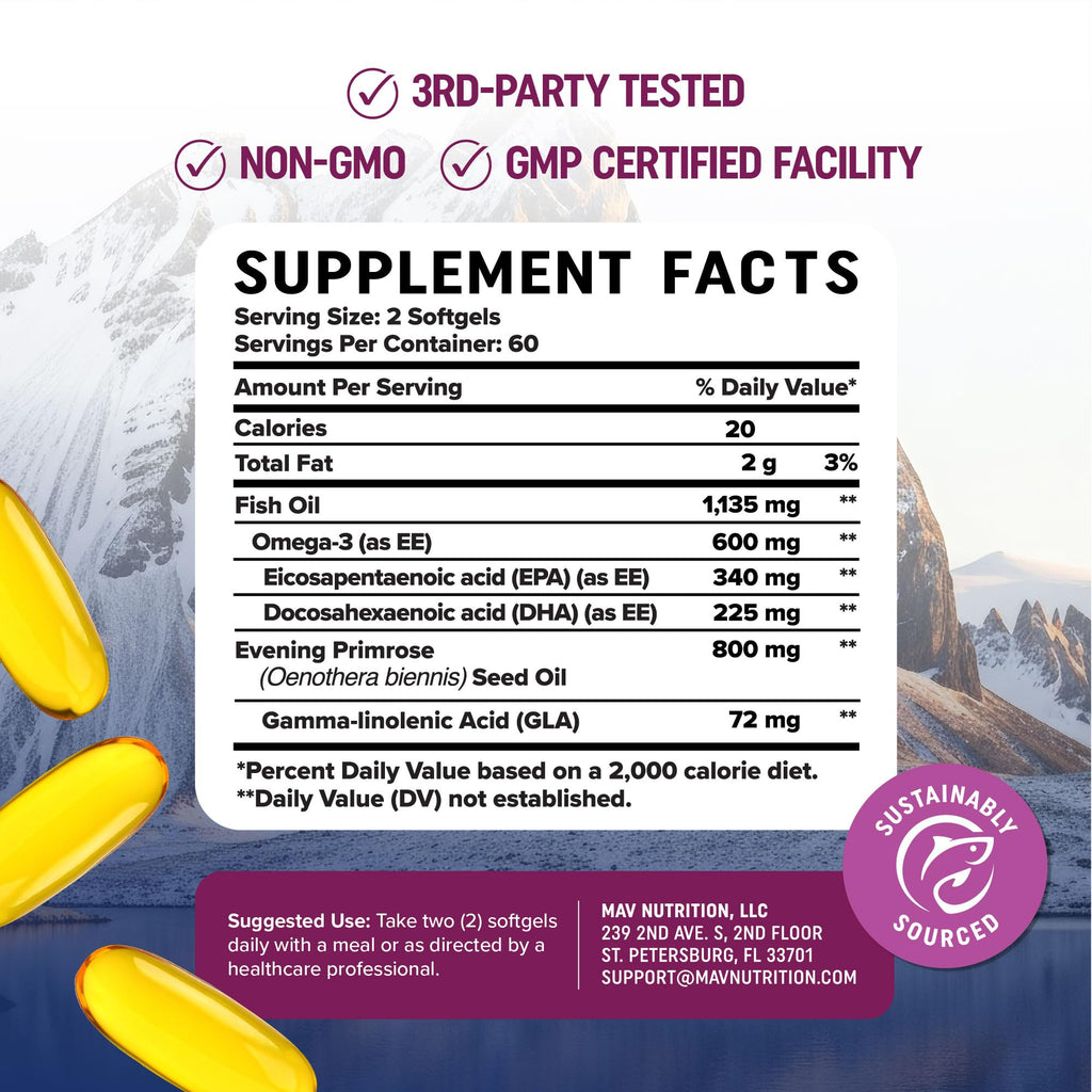 Fish Oil Omega 3 Supplements for Women | DHA + EPA | Heart Health, Hormone Balance, Skin & Wellness Support | 600MG Omega3 + 800MG Evening Primrose Oil