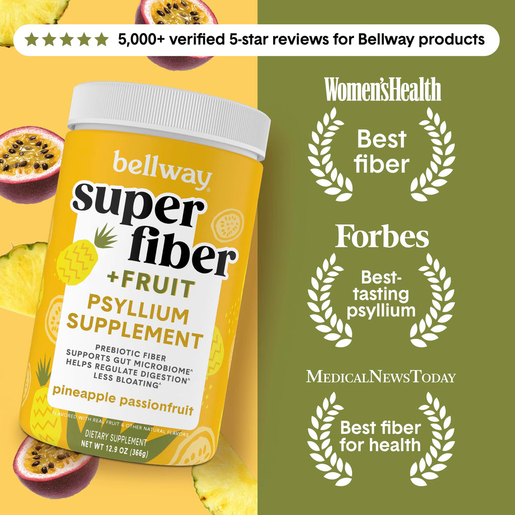 Bellway Super Fiber Powder + Fruit, Sugar Free Organic Psyllium Husk Powder Fiber Supplement for Regularity, Bloating Relief & Digestive Health, Plant-Based,
