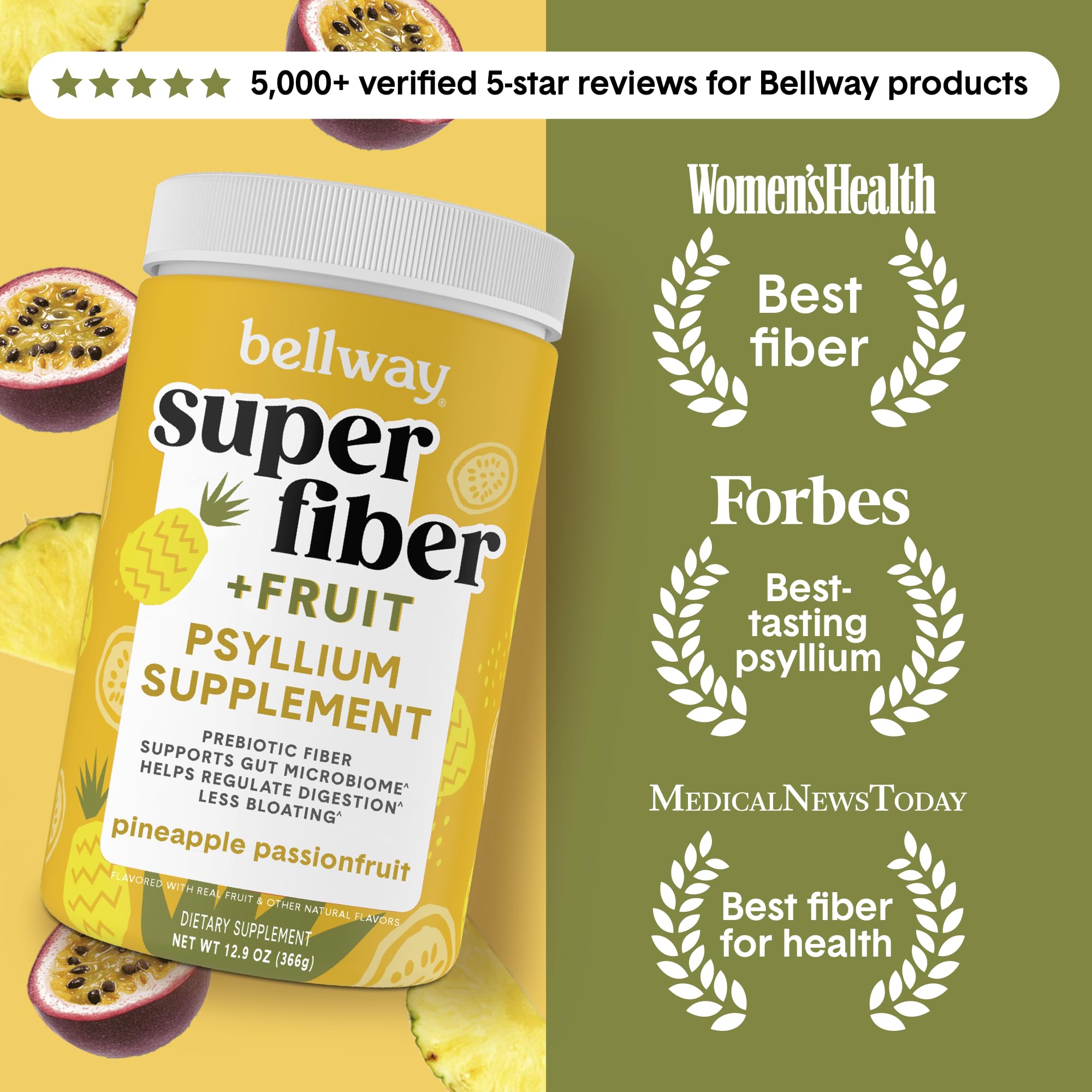 Bellway Super Fiber Powder + Fruit, Sugar Free Organic Psyllium Husk Powder Fiber Supplement for Regularity, Bloating Relief & Digestive Health, Plant-Based,