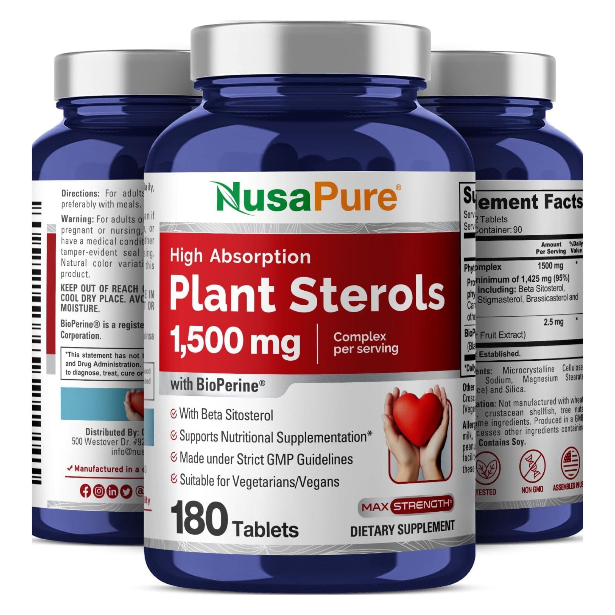 NusaPure Plant Sterols 1500 mg - 180 Tablets (Non-GMO, Vegan) Beta Sitosterol, Bioperine NusaPure Au supplements