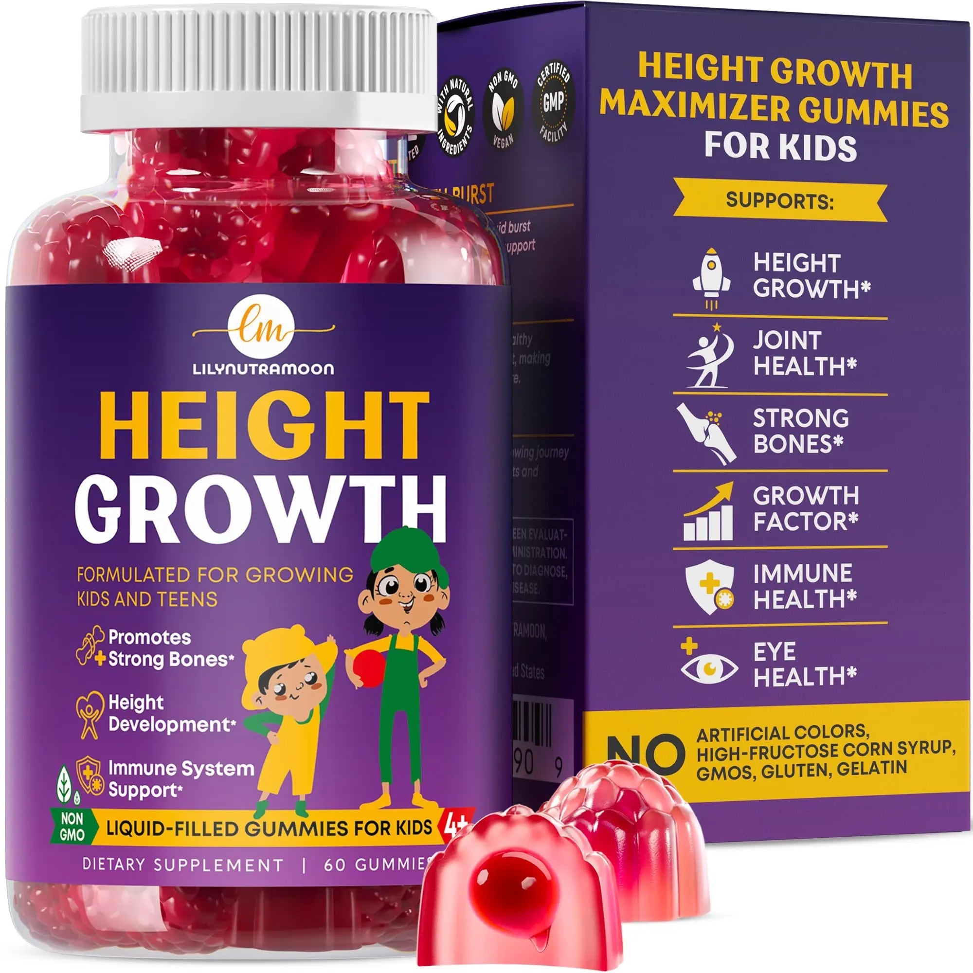 Height Growth Gummies for Kids & Teens - Calcium, Vitamin D3 + K2, Zinc, Magnesium, L-Arginine, Vitamin C - Multivitamin for Teen Boys & Girls - Grow Taller Supplement for Kids Height - 60 Gummies LM LILYNUTRAMOON Au supplements