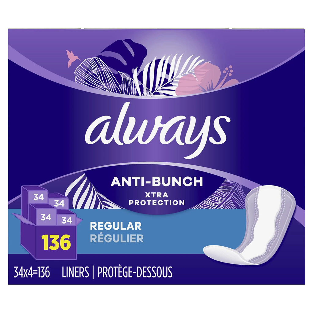 Always Anti-Bunch Xtra Protection Daily Liners, Regular Length, Unscented, 34 Count x 4 Always Au supplements