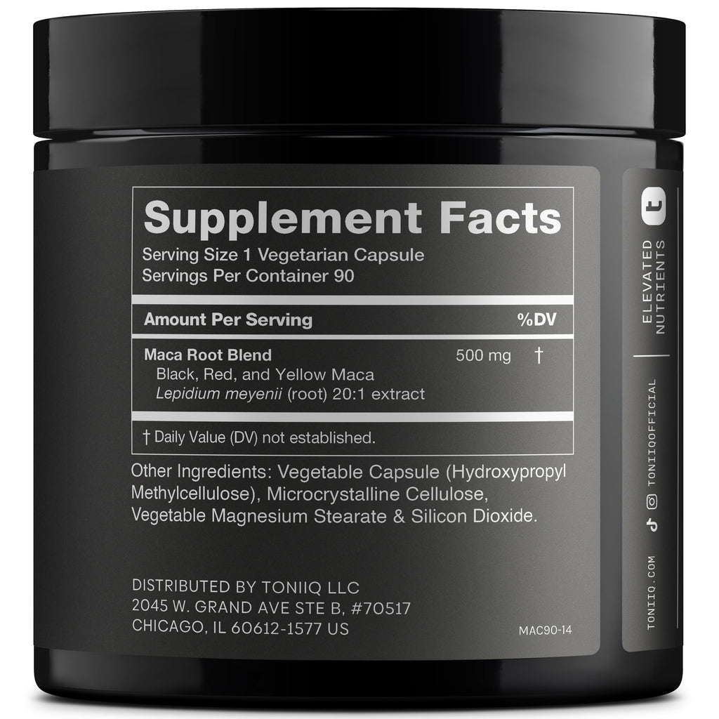 Toniiq Maca Root - Ultra High Potency 20:1 Extract - Black, Red and Yellow Maca Complex - Single Origin, Wildcrafted & Highly Concentrated - Third-Party Lab Tested - 90 Capsules Toniiq Au supplements