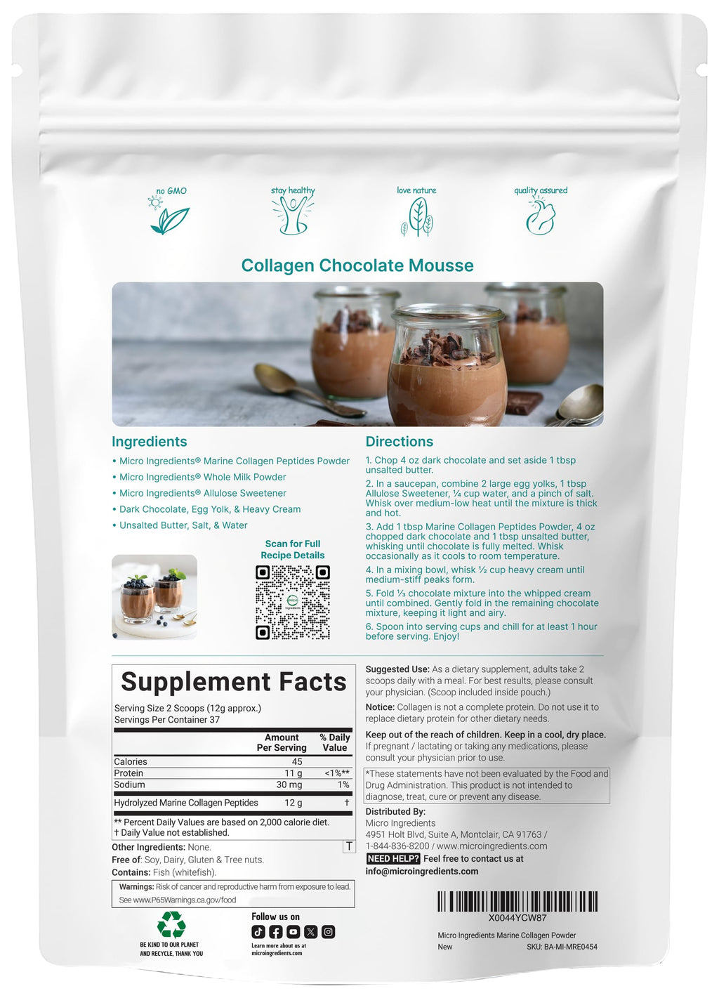 Micro Ingredients Marine Collagen Peptides Powder, 1 lb | Type I Marine Collagen + Natural Protein | Wild-Caught Fish Source