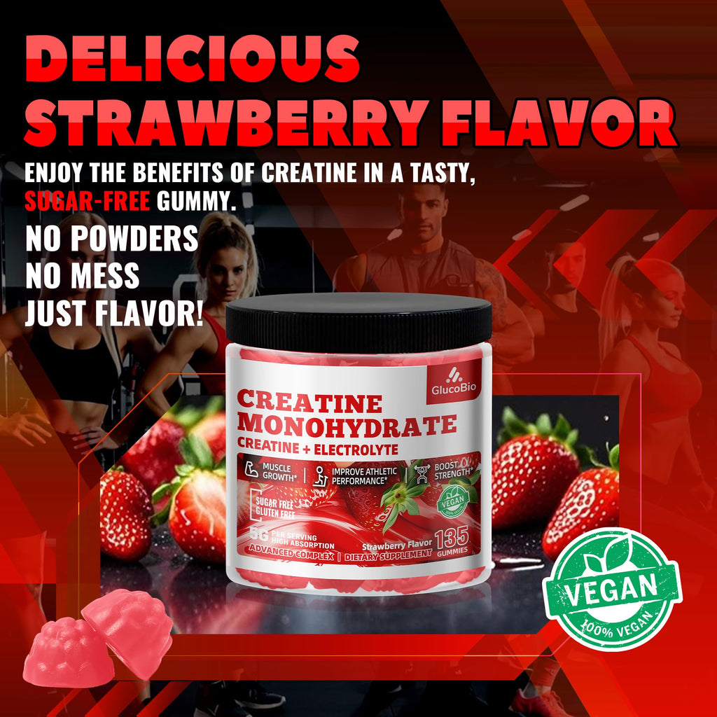 GlucoBio Creatine Monohydrate Gummies (5g) – Pre-Workout Energy & Muscle Growth Support for Men & Women