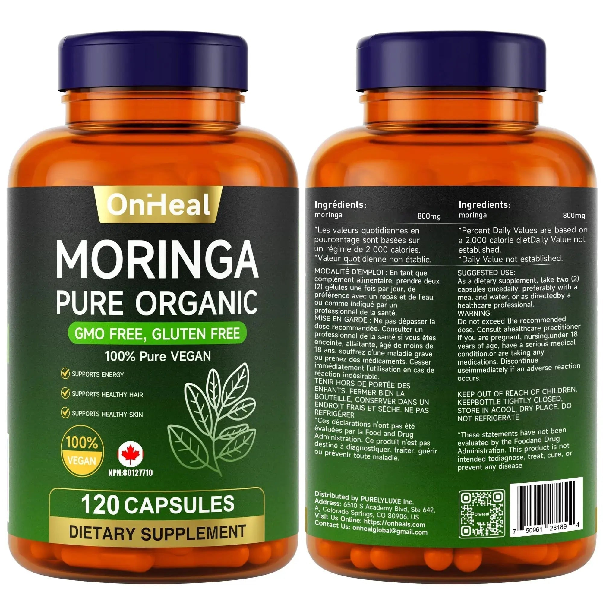 YBFQ Organic Moringa Capsules 1000 mg, 120 Count - Moringa Capsules with Organic Olefeira Powder, Supports Healthy Hair and Skin, Energy and Balance YBFQ Au supplements