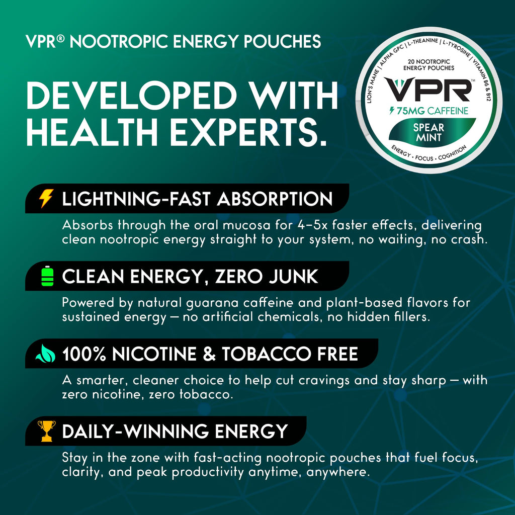 VPR 75MG Caffeine Nootropic Pouches | 20 Count Energy Pouches with Lion's Mane, Alpha-GPC, Vitamin B6 & B12, L-Theanine, and L-Tyrosine | Naturally Flavored Focus Pouches with No Sugar (Variety Pack) VPR Energy Au supplements