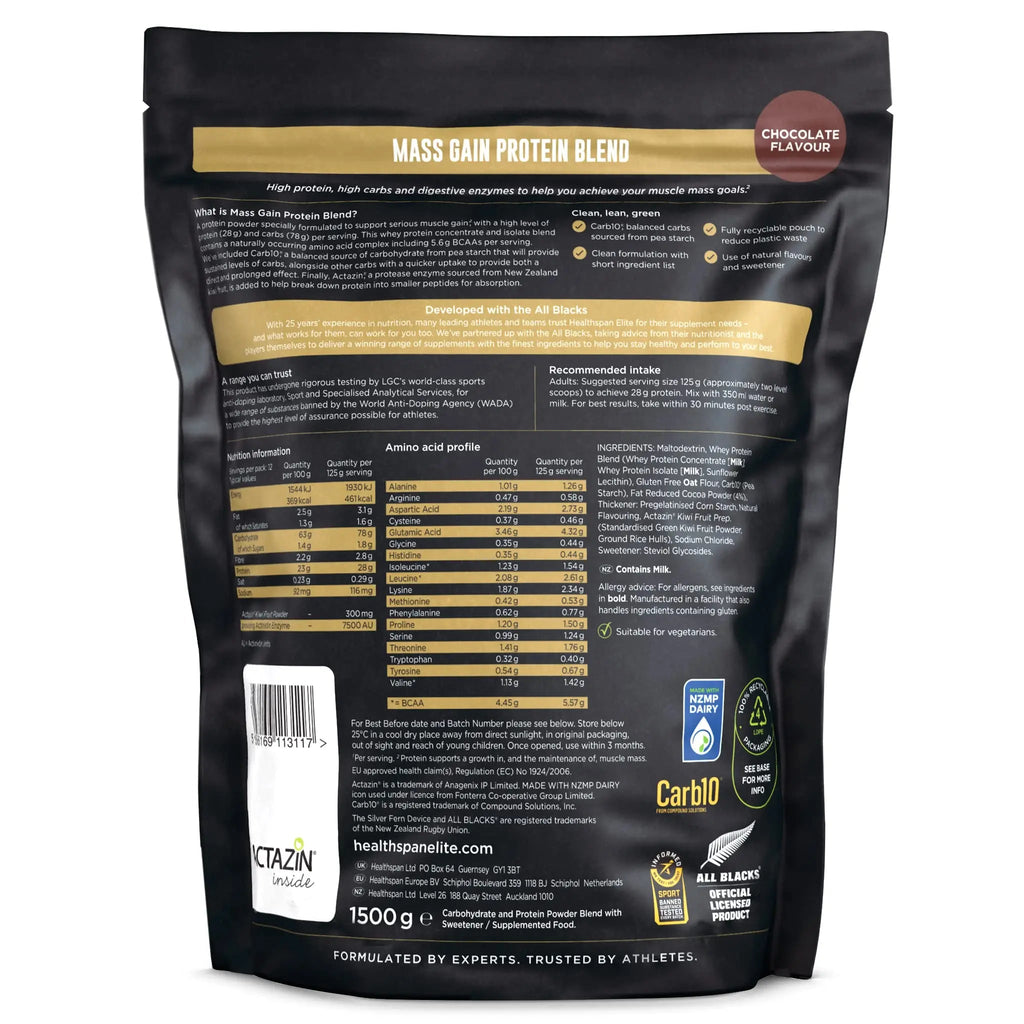 Healthspan Elite All Blacks Mass Gain Protein Blend (1500g) | Chocolate | 28g of Protein Healthspan Elite Au supplements