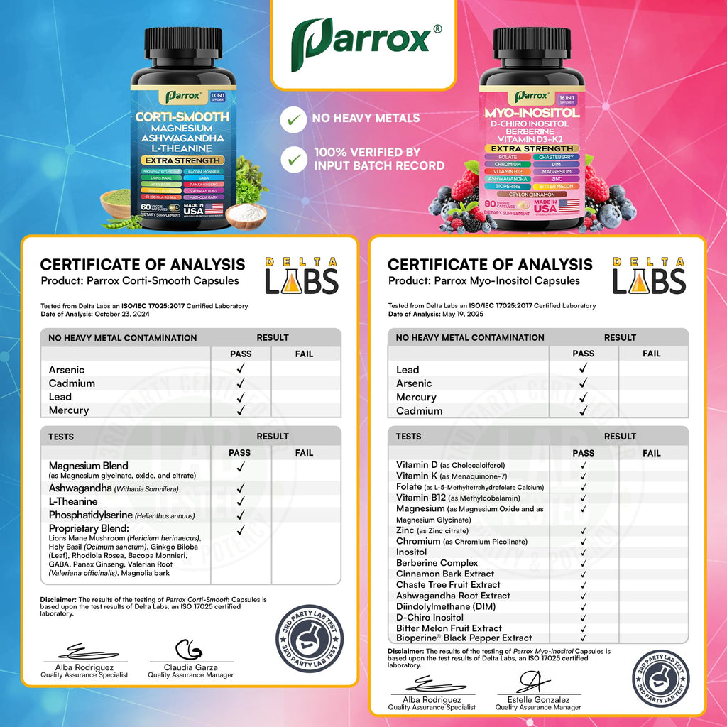 Parrox Cortisol & Myo-Inositol Supplement Bundle, Soothe & Smooth Bundle, 13-in-1 Cortisol Balance, Magnesium, Ashwagandha, L-Theanine, D-Chiro Inositol, Folate, Berberine, Chasteberry (150 Capsules) Parrox Au supplements