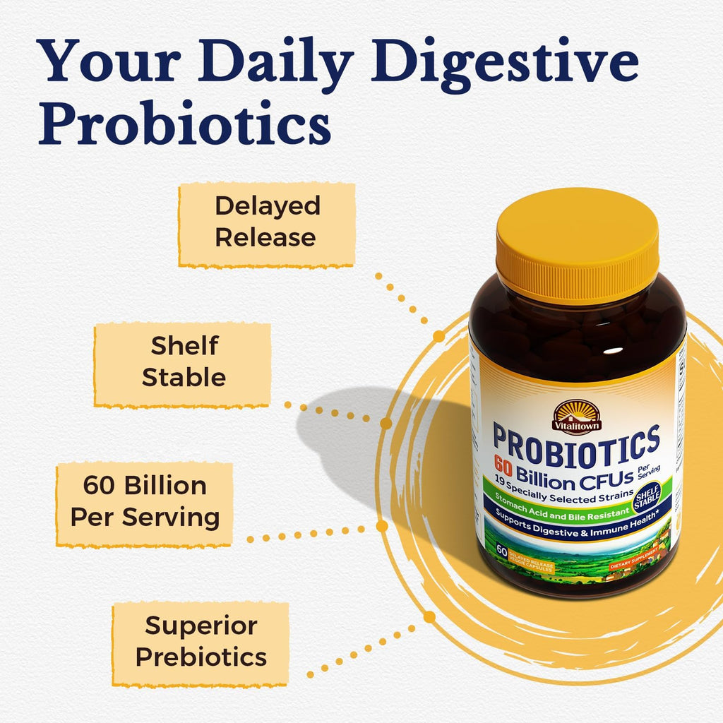Vitalitown Probiotics + Prebiotics | 60 Billion CFUs 19 Strains | 60 Delayed Release Veg Caps | Shelf Stable, Prebiotics and Probiotics | Digestive Health