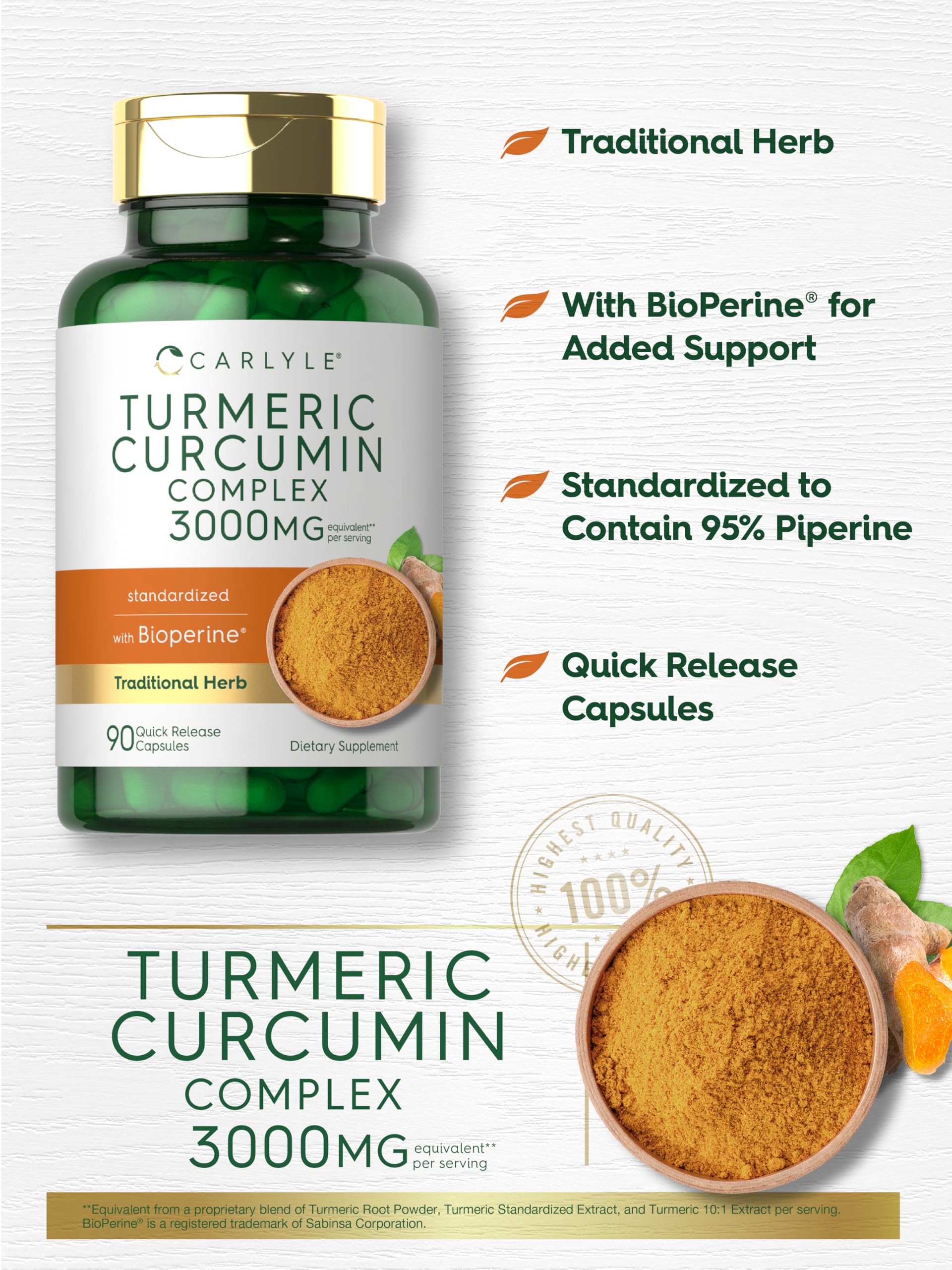 Carlyle Turmeric Curcumin with Black Pepper | 90 Powder Capsules | Complex Supplement with Bioperine | Non-GMO, Gluten Free