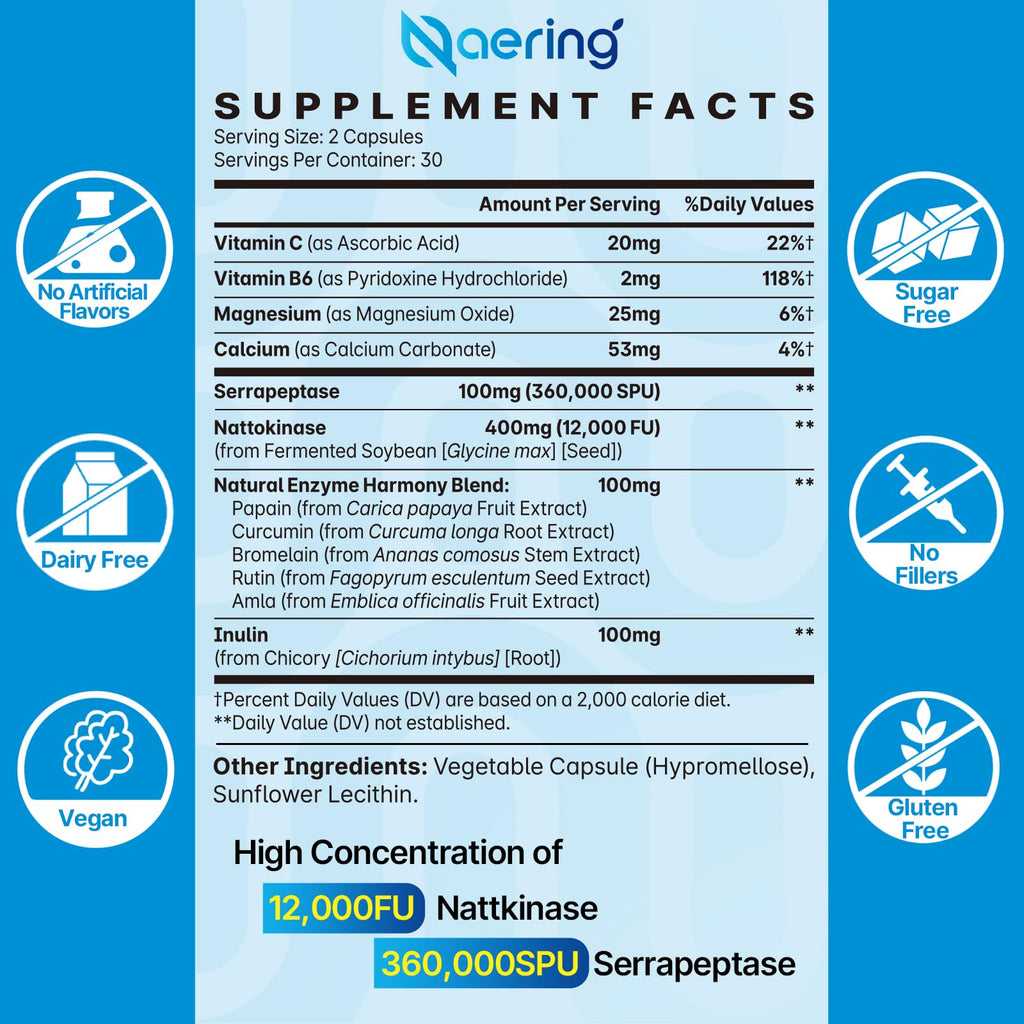 Liposomal Nattokinase 12,000 FU Serrapeptase 360,000 SPU Enzyme Supplement - Enriched with Synergistic Enzymes and Nutrient Blend & Inulin for Circulatory