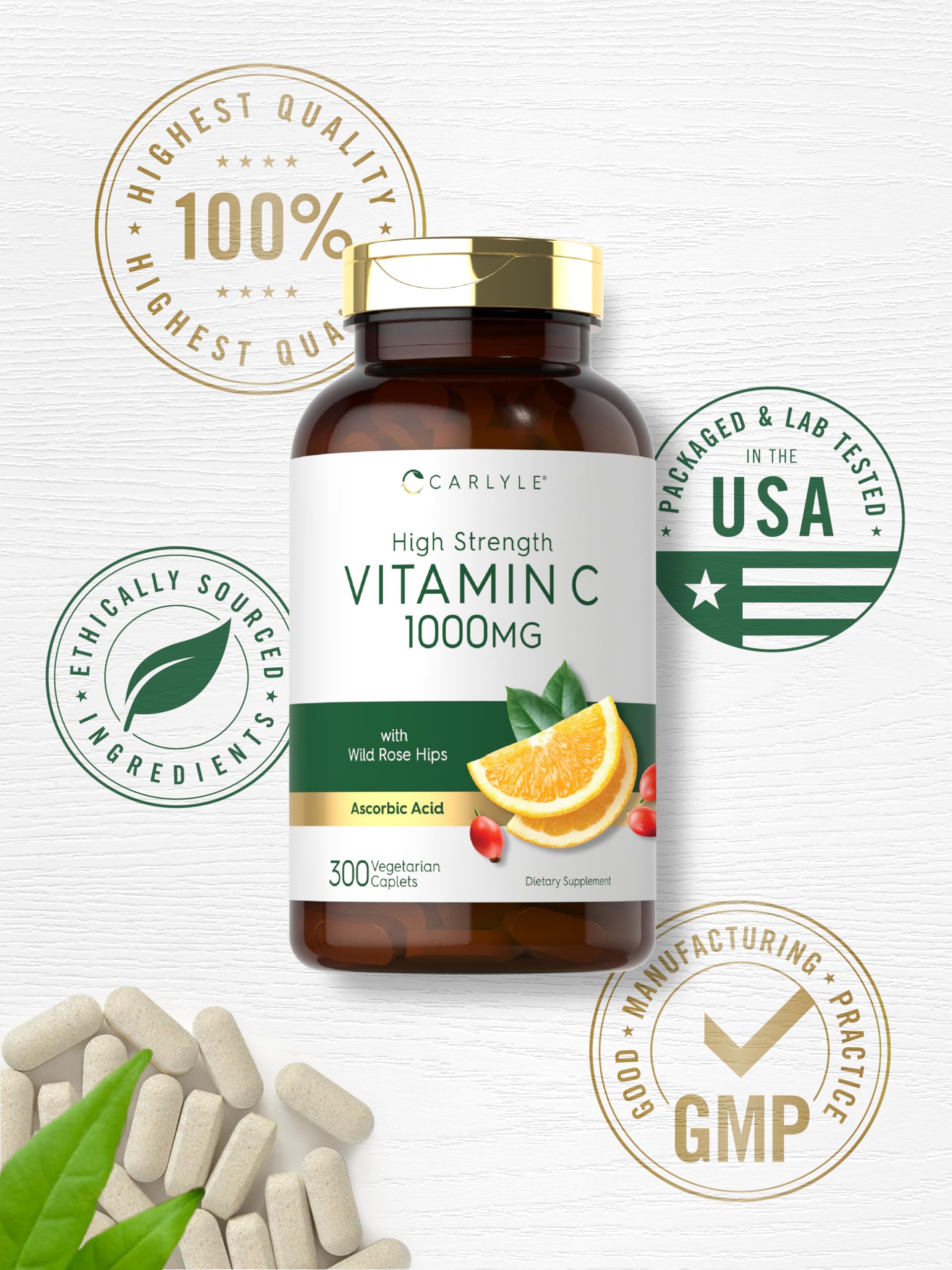 Carlyle Vitamin C 1000mg | 300 Vegetarian Caplets | Ascorbic Acid with Wild Rose Hips | High Strength Formula