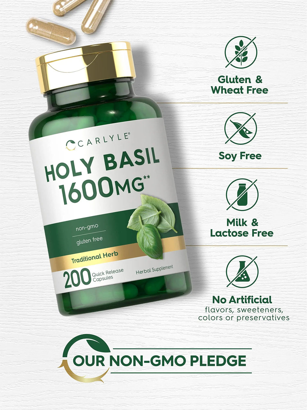 Carlyle Holy Basil Capsules 1600 mg | 200 Count | Tulsi Holy Basil Leaf Extract | Herbal Carlyle Au supplements