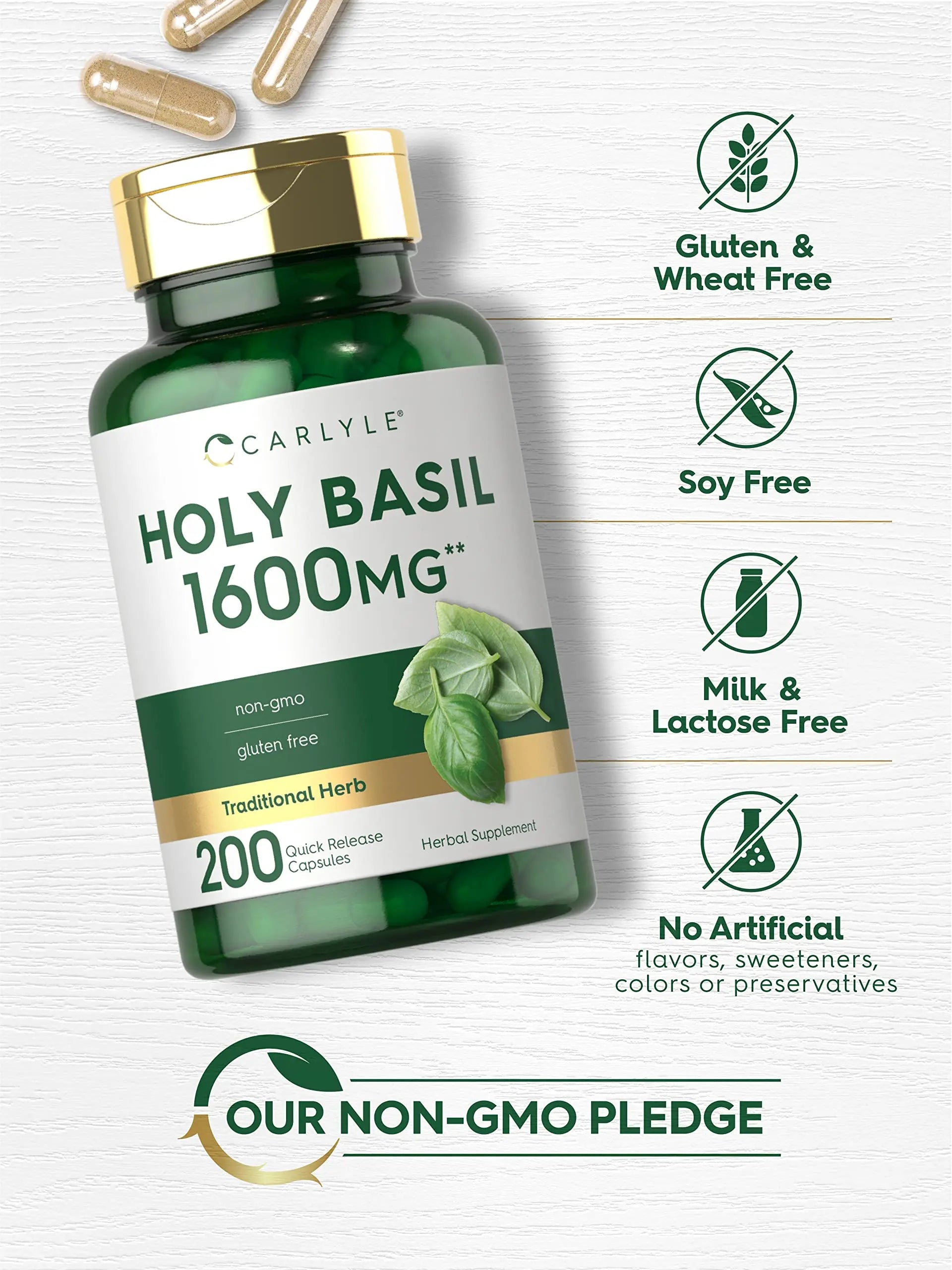 Carlyle Holy Basil Capsules 1600 mg | 200 Count | Tulsi Holy Basil Leaf Extract | Herbal Carlyle Au supplements