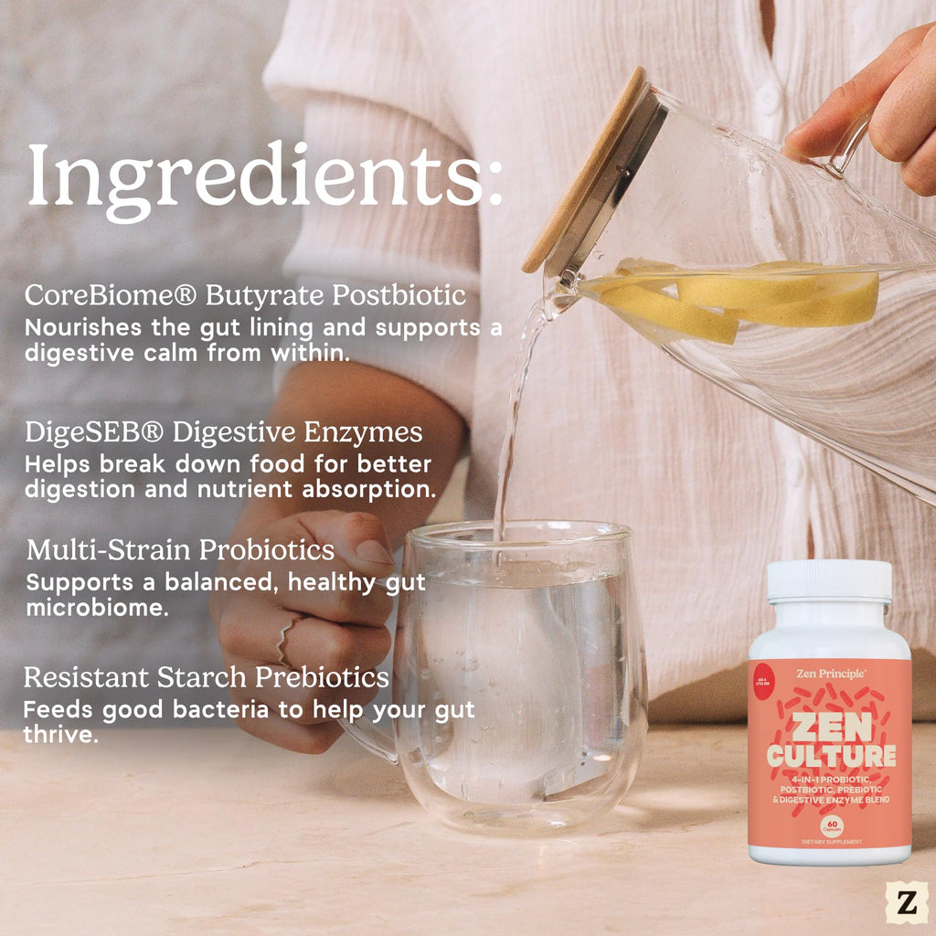 Zen Principle Zenculture™ – 4-in-1 Synbiotic Supplement (Probiotic + Prebiotic + Postbiotic + Digestive Enzymes) with CoreBiome®. Anti Bloating,