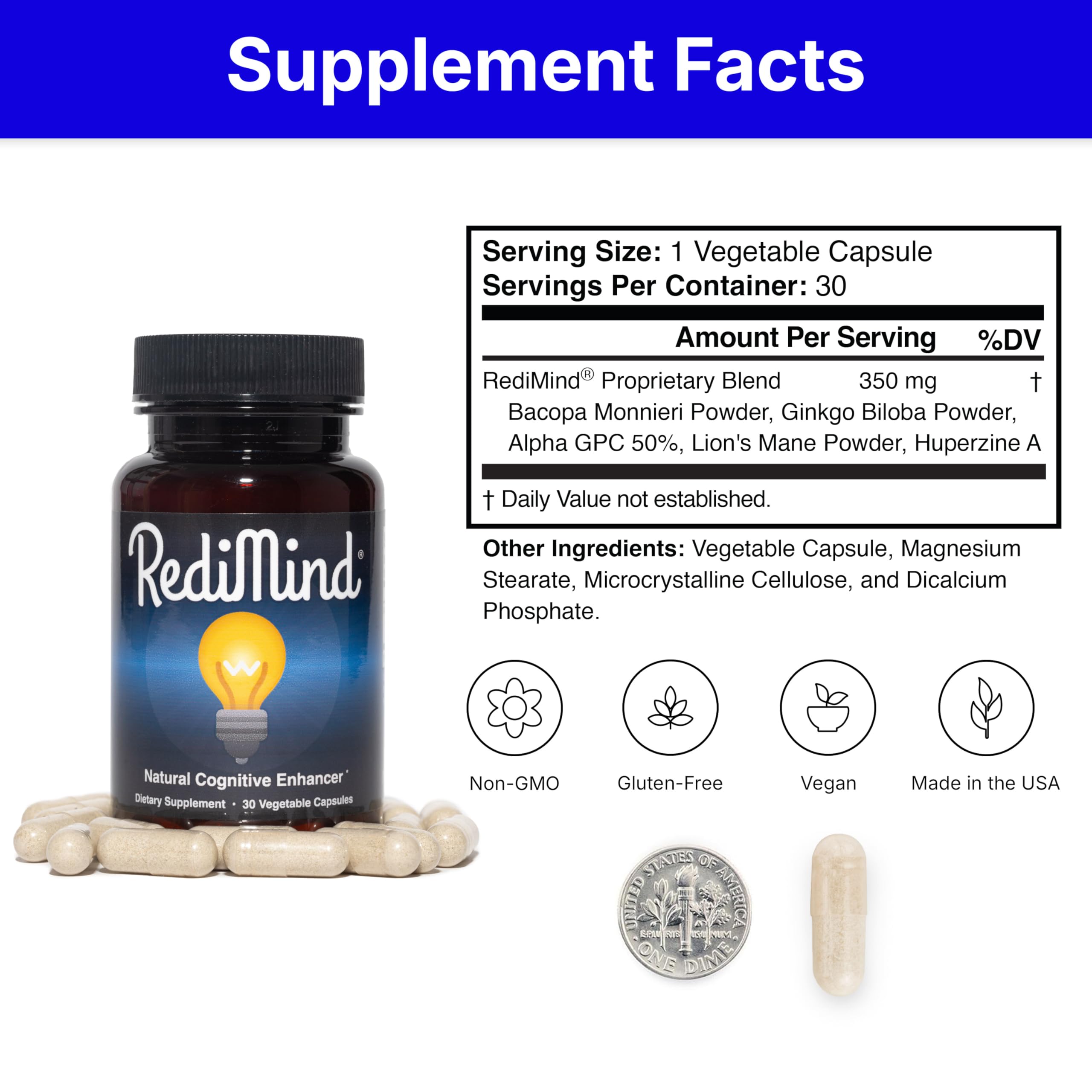 RediMind - Natural Cognitive Enhancement Supplement Capsule - Non-GMO, Vegan, Gluten-Free