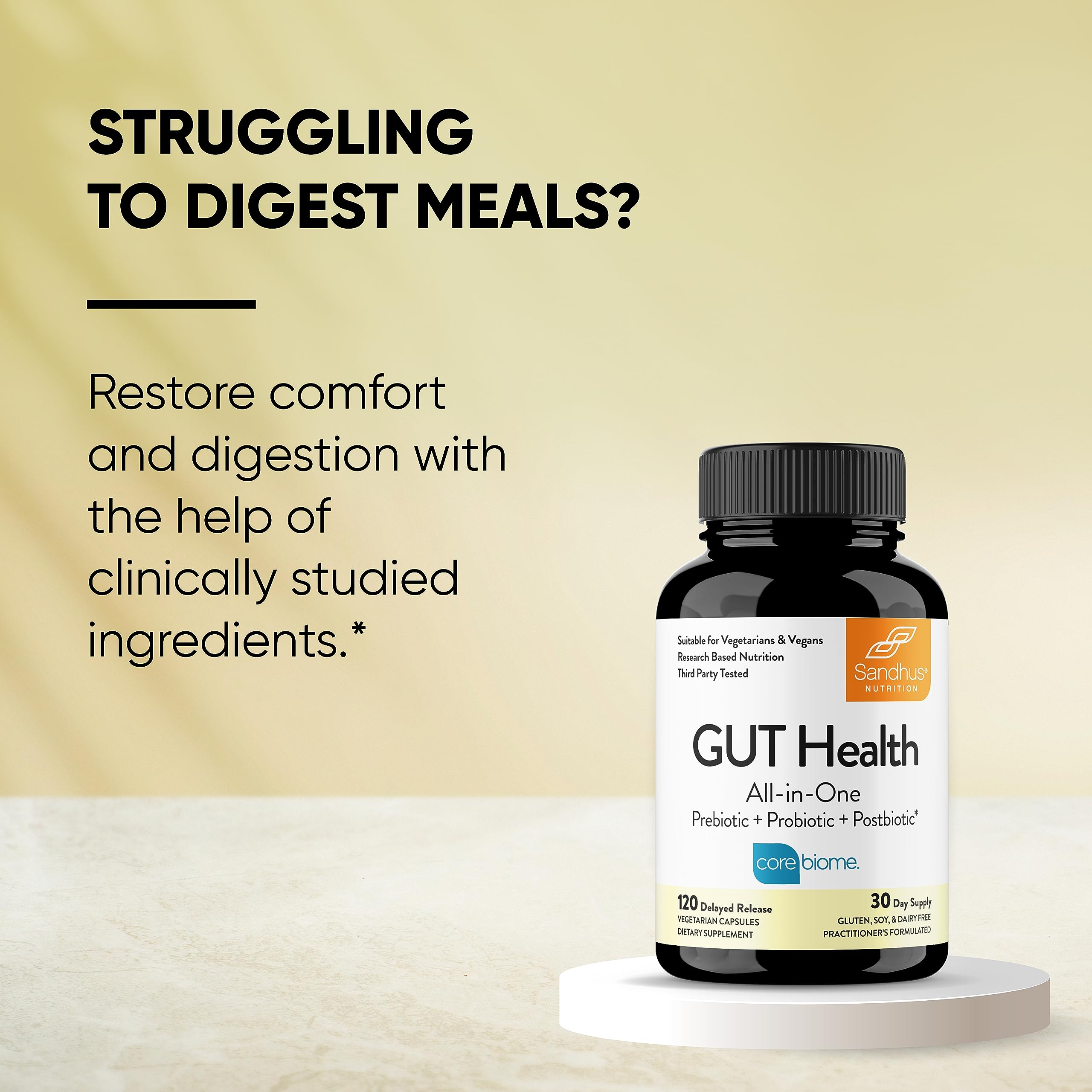 Sandhu's Gut Health - Prebiotic, Probiotic, Postbiotic & L-Glutamine | Digestive Health, Colon, Probiotic Total Supplements | 120 Delayed Release Capsules
