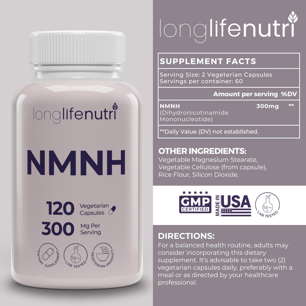 LongLifeNutri NMNH 300mg (Dihydronicotinamide Mononucleotide) - 120 Vegan Capsules, 2-Month Supply, NMN Alternative, NAD Supplement for Energy & Longevity, Lab Tested, Made in USA LongLifeNutri Au supplements