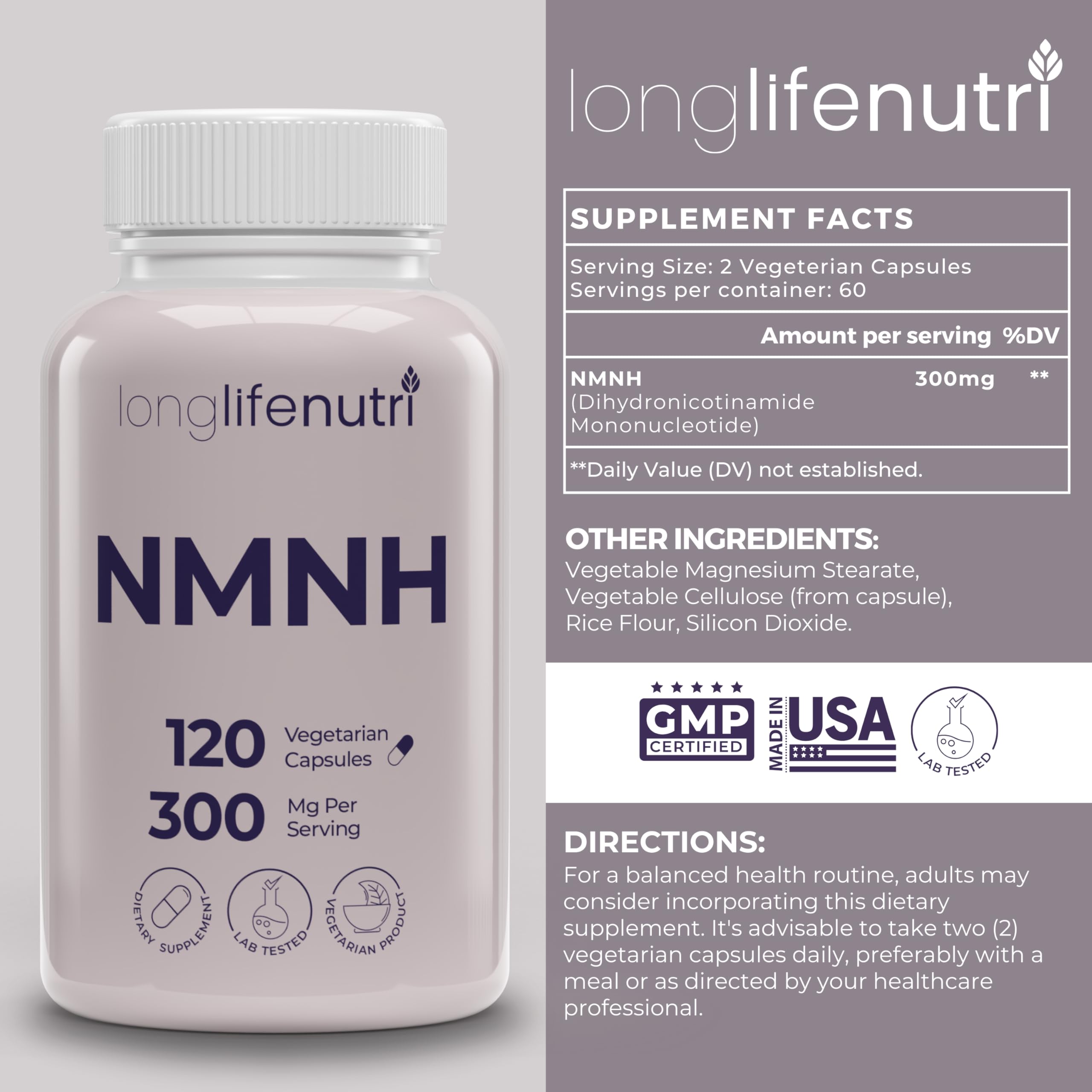 LongLifeNutri NMNH 300mg (Dihydronicotinamide Mononucleotide) - 120 Vegan Capsules, 2-Month Supply, NMN Alternative, NAD Supplement for Energy & Longevity, Lab Tested, Made in USA LongLifeNutri Au supplements