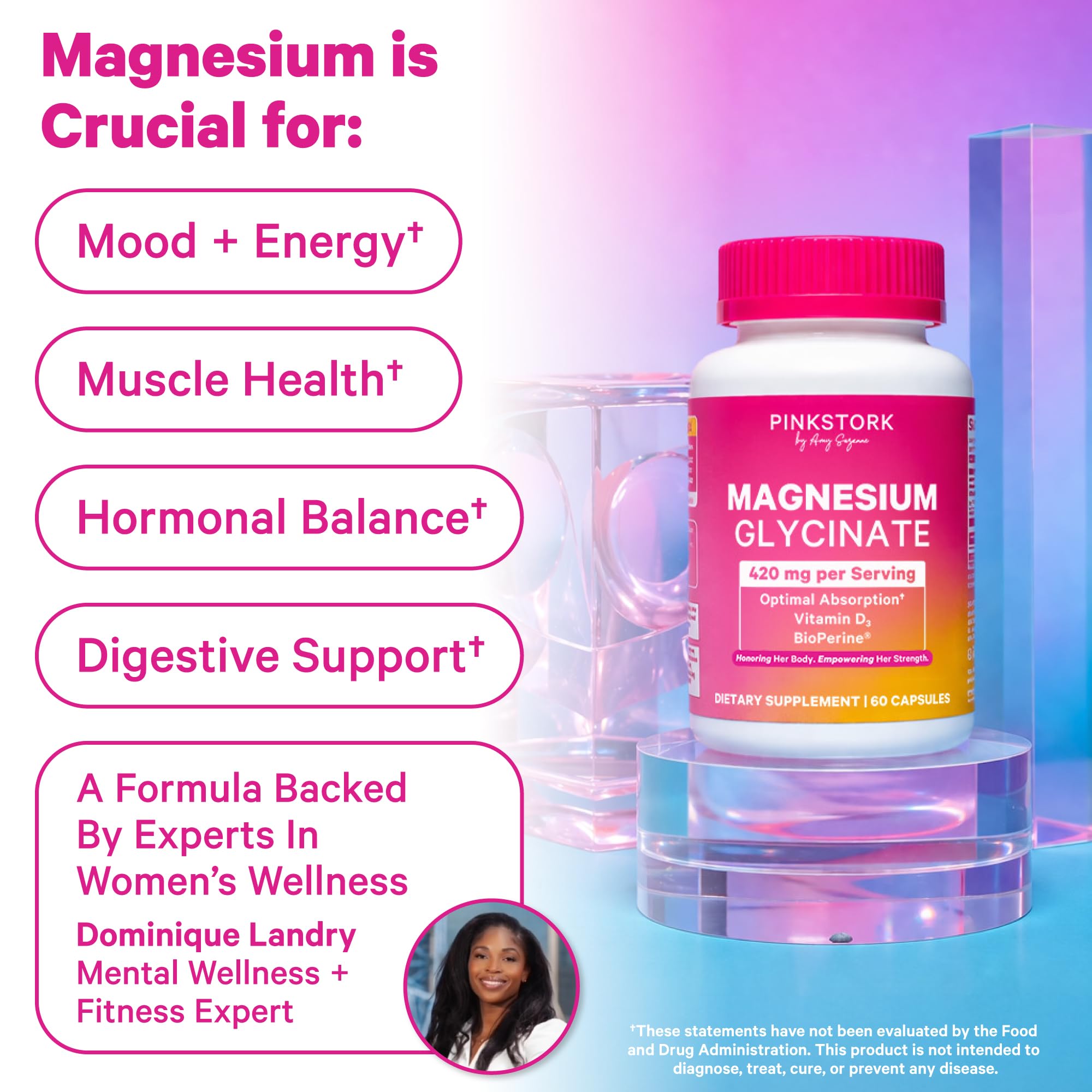 Pink Stork Magnesium Glycinate with Vitamin D - Magnesium Supplement for Women to Support Natural Calm, Mood, and Sleep - Hormone Balance for Women