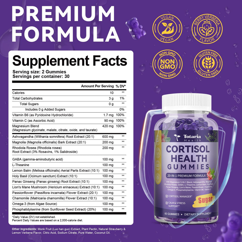 Cortisol Supplements for Women & Men 20-in-1 Cortisol Gummies with Ashwagandha Rhodiola Rosea Magnesium Phosphatidylserine Calm Focus Mood Support Healthy Cortisol Levels 30 Day Supply Totaria Au supplements